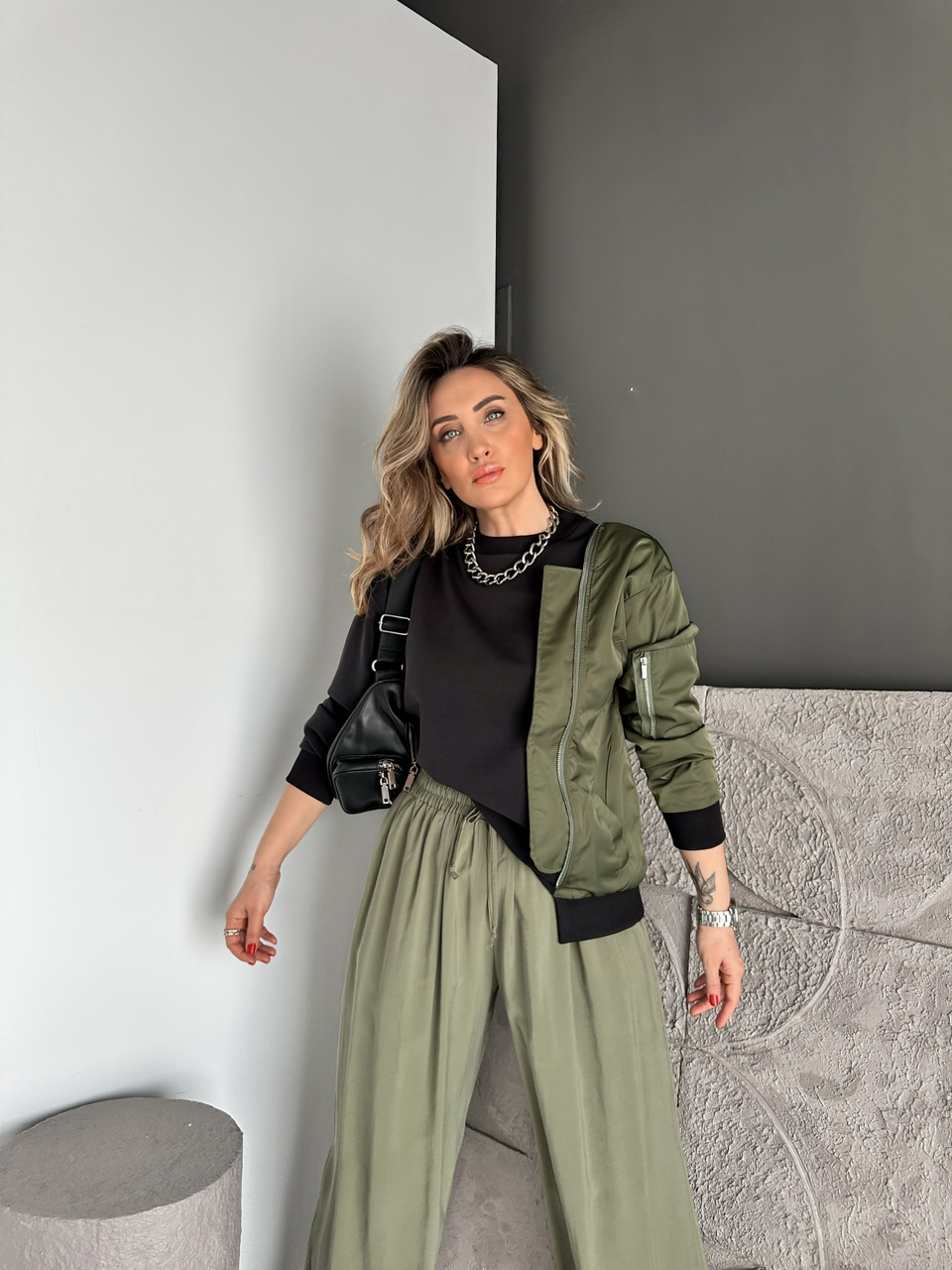 Yeşil Paraşüt Parçalı Fermuarlı Sweatshirt