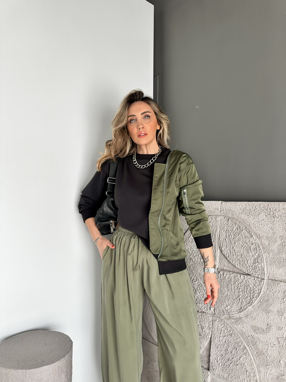 Yeşil Paraşüt Parçalı Fermuarlı Sweatshirt