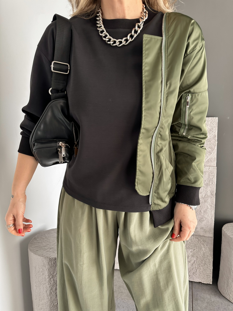 Yeşil Paraşüt Parçalı Fermuarlı Sweatshirt