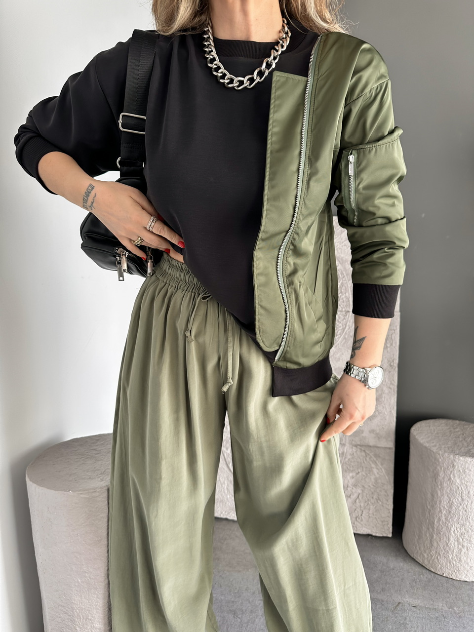 Yeşil Paraşüt Parçalı Fermuarlı Sweatshirt