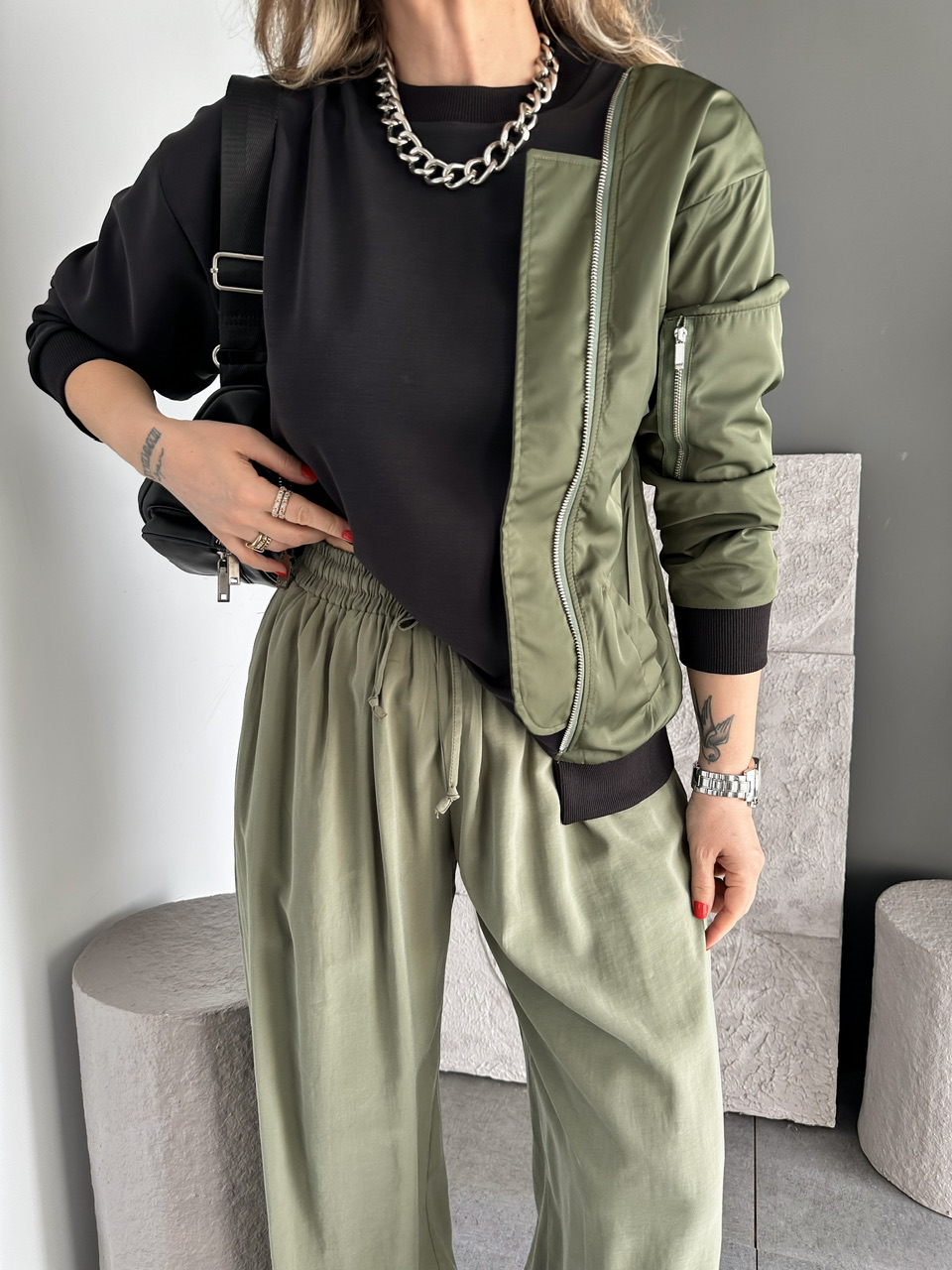 Yeşil Paraşüt Parçalı Fermuarlı Sweatshirt