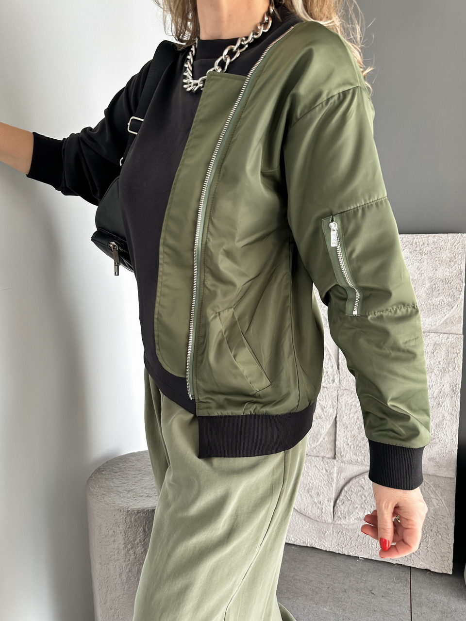Yeşil Paraşüt Parçalı Fermuarlı Sweatshirt
