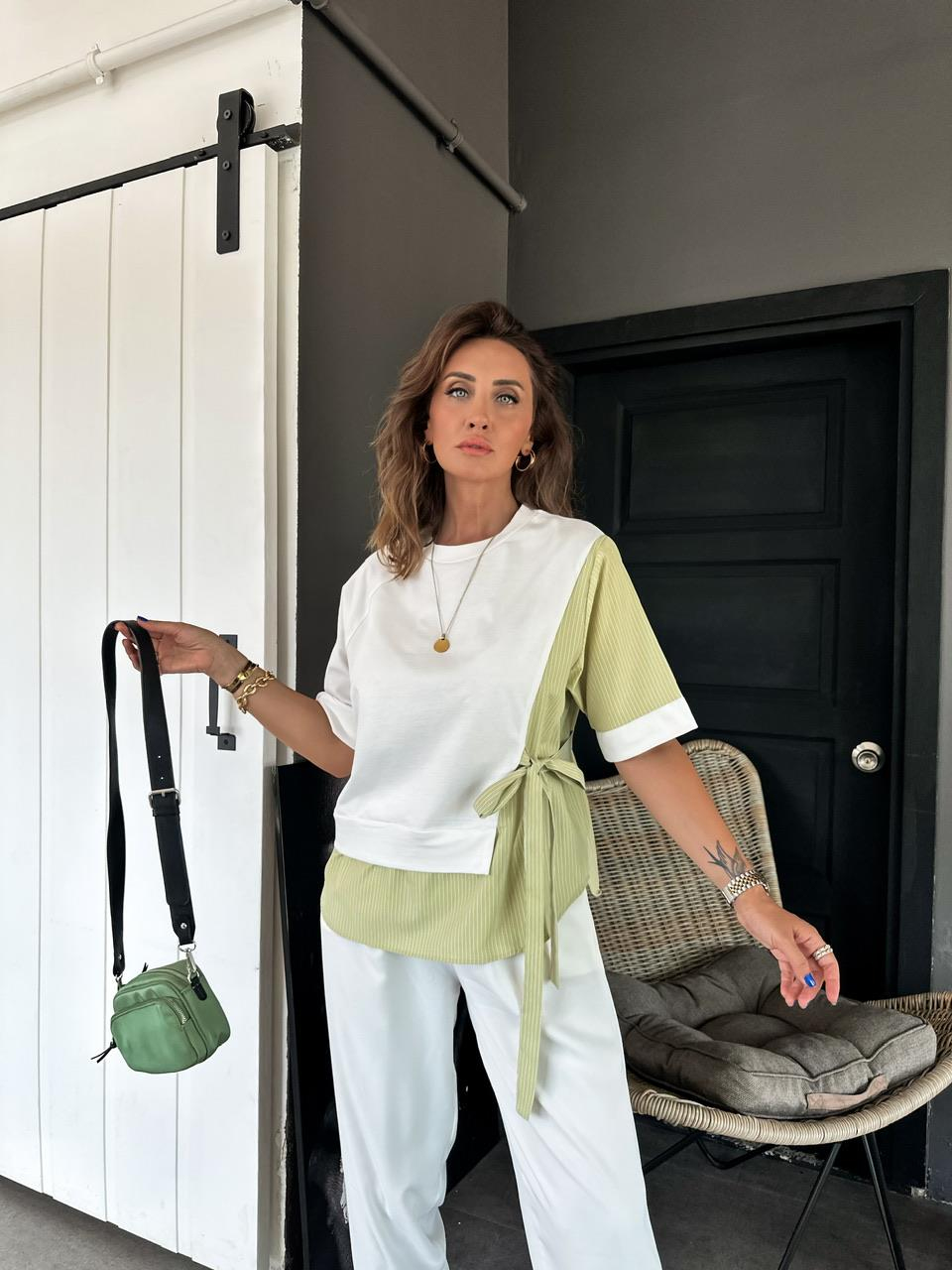 Yeşil Parçalı Bağlamalı Tshirt