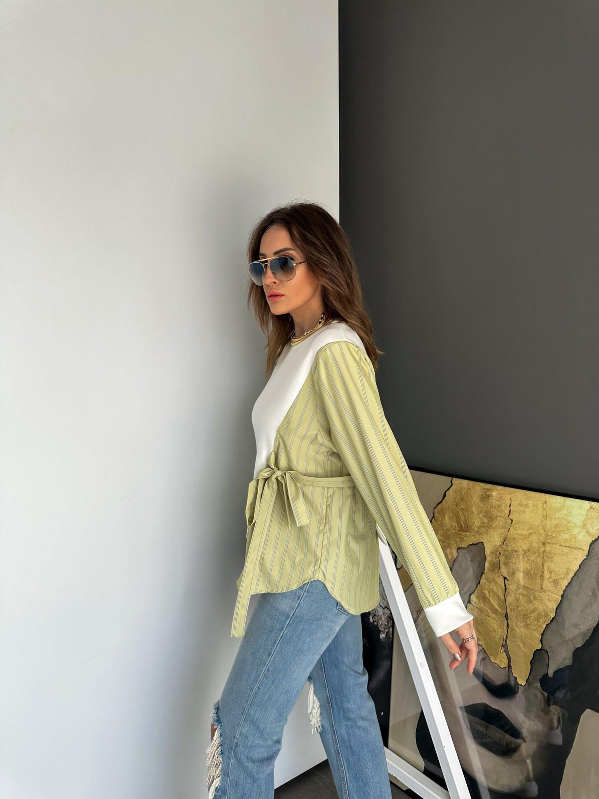 Yeşil Parçalı Gömlek Detaylı Tasarım Sweatshirt