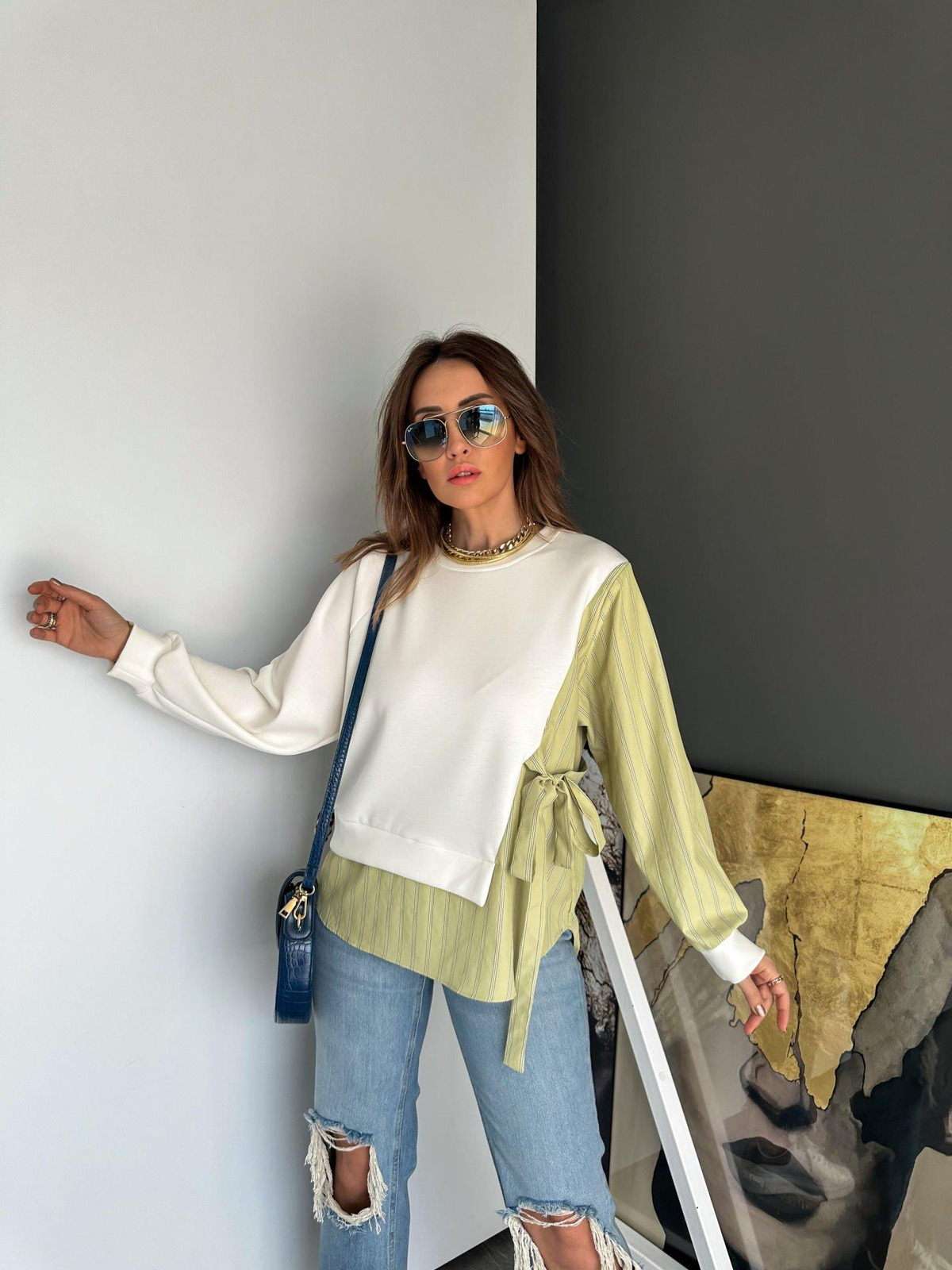 Yeşil Parçalı Gömlek Detaylı Tasarım Sweatshirt