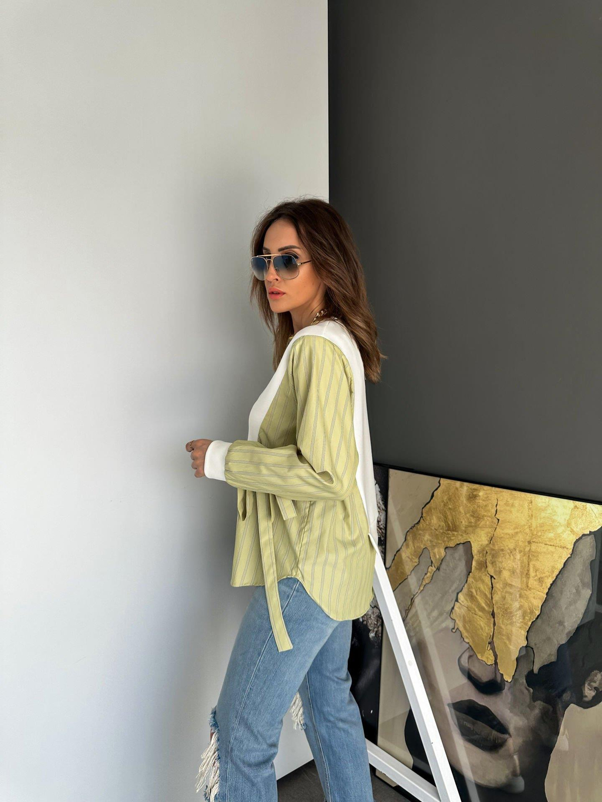 Yeşil Parçalı Gömlek Detaylı Tasarım Sweatshirt