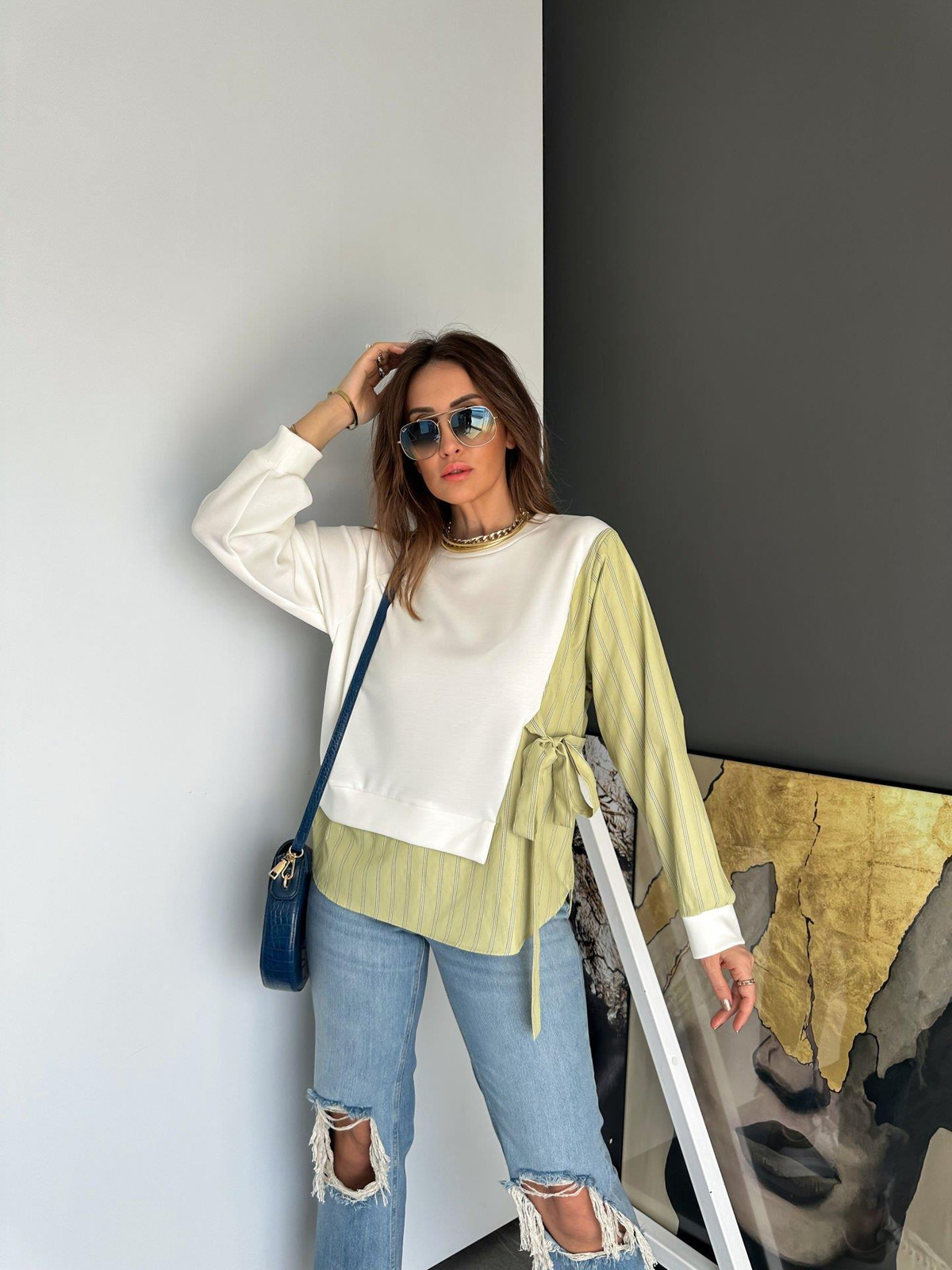 Yeşil Parçalı Gömlek Detaylı Tasarım Sweatshirt