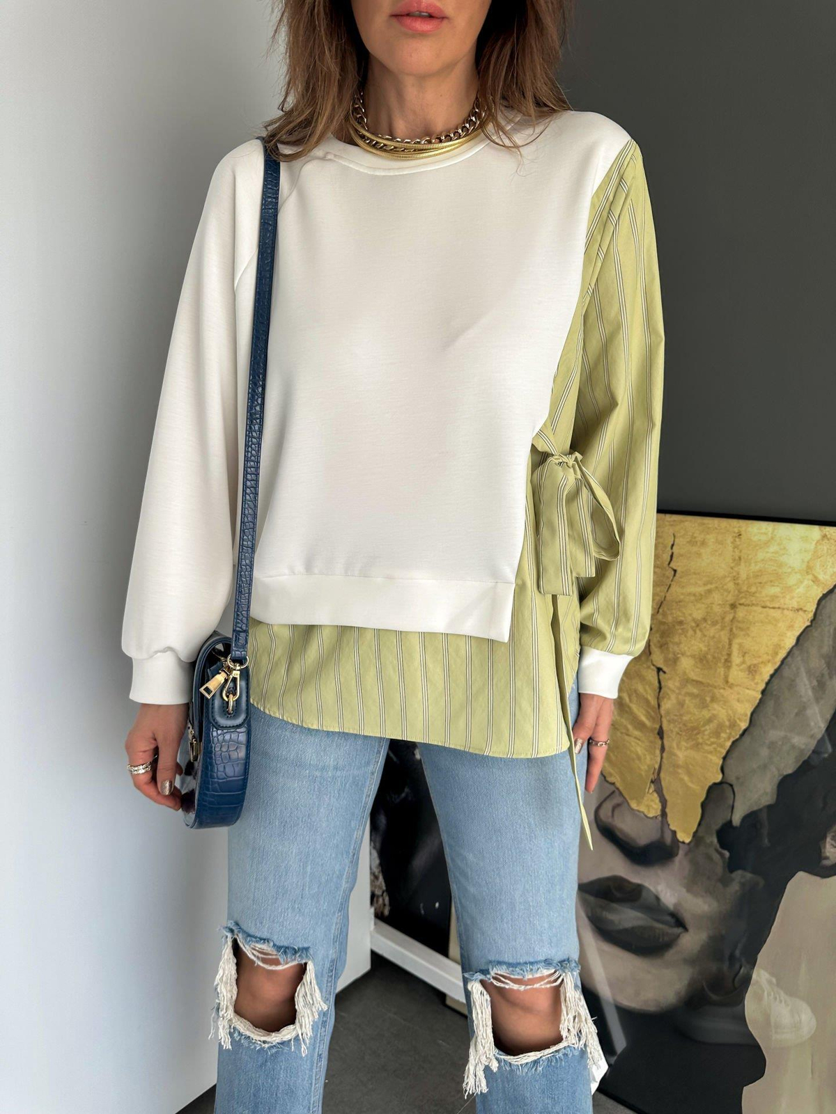 Yeşil Parçalı Gömlek Detaylı Tasarım Sweatshirt