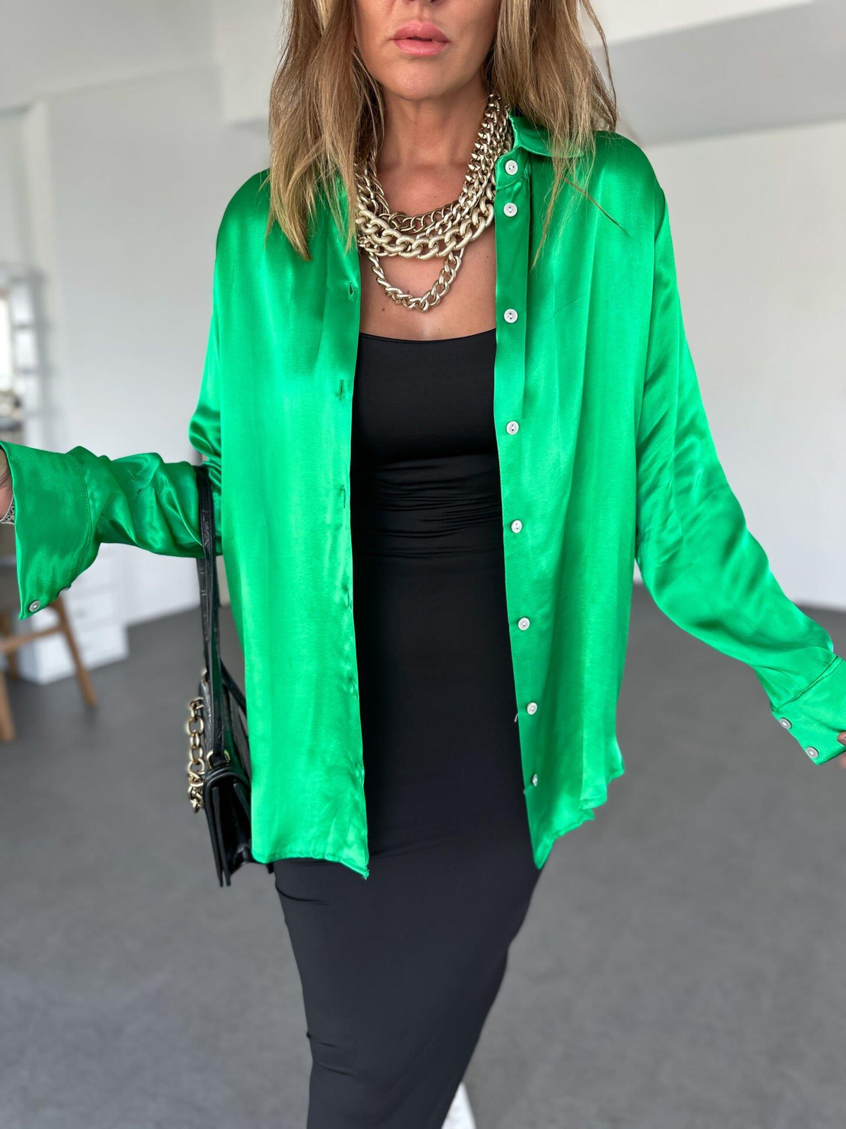Yeşil Saten Oversize Gömlek
