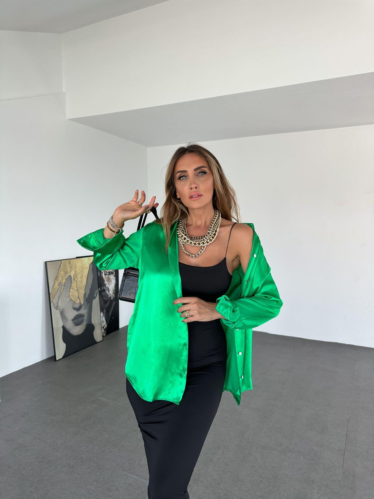 Yeşil Saten Oversize Gömlek