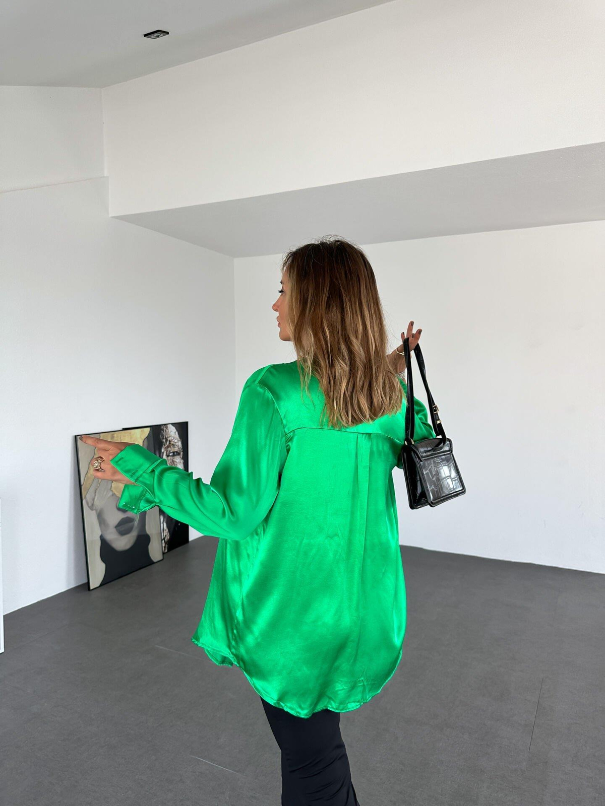 Yeşil Saten Oversize Gömlek