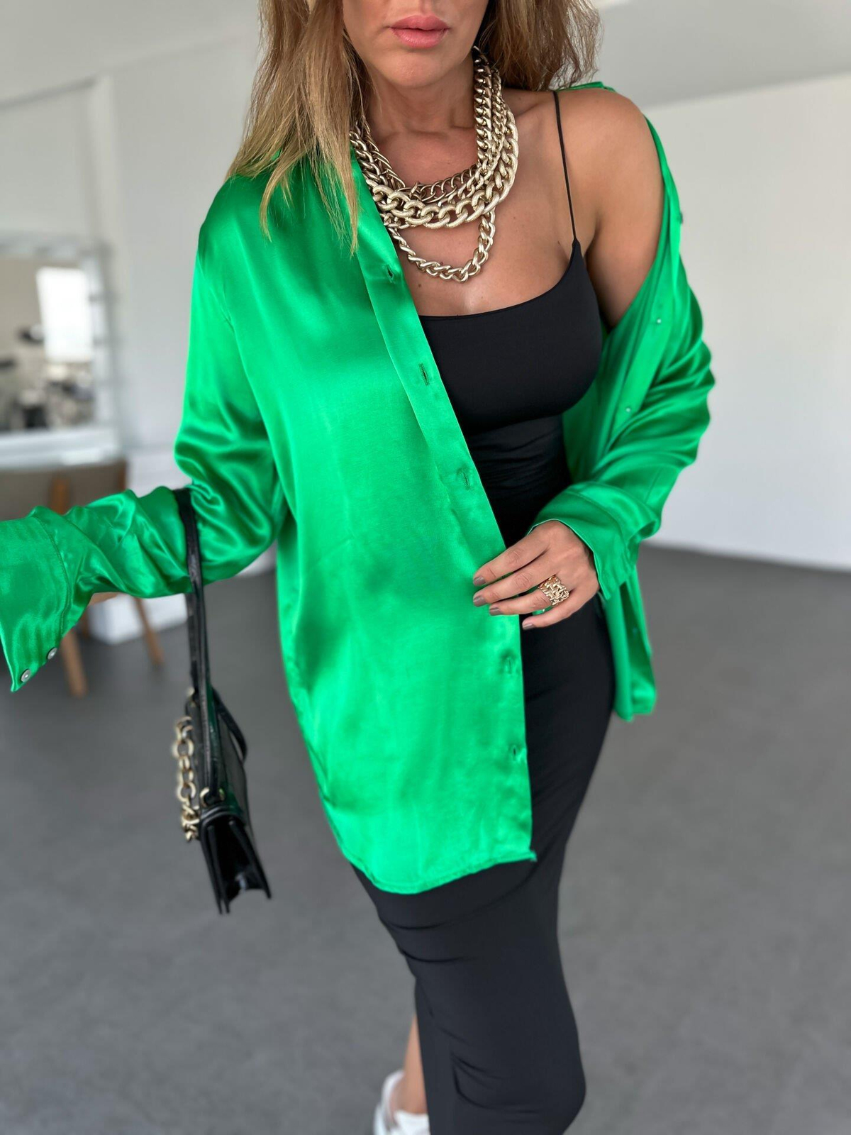 Yeşil Saten Oversize Gömlek