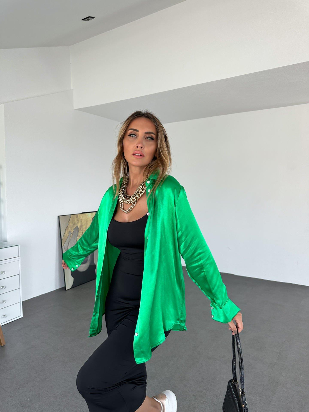 Yeşil Saten Oversize Gömlek