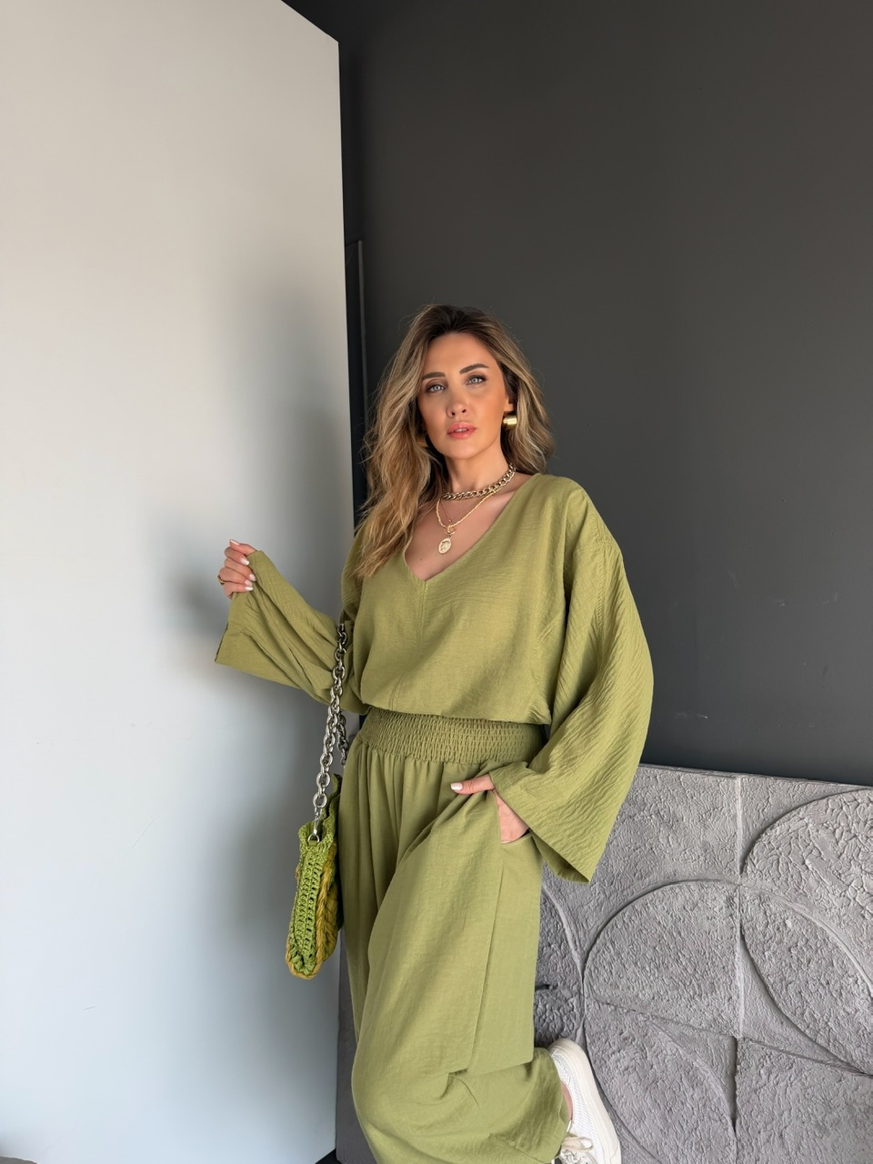 Yeşil Tasarım Şalvarlı Keten Takım