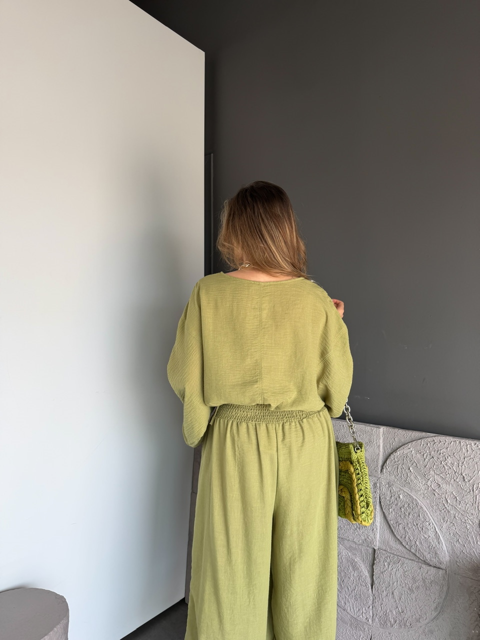 Yeşil Tasarım Şalvarlı Keten Takım