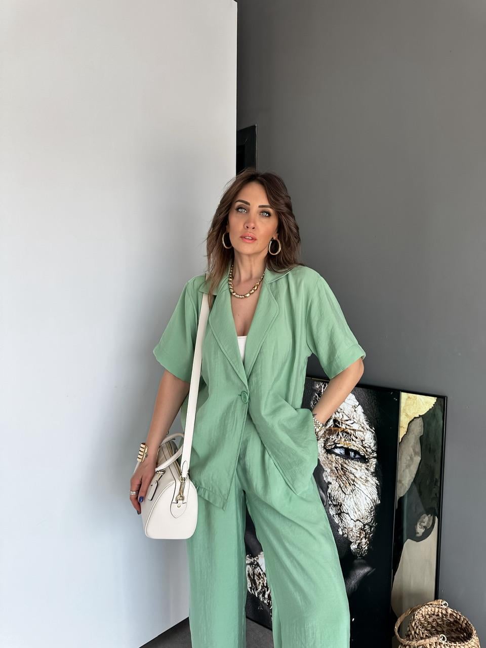 Yeşil Tek Düğmeli Salaş Takım