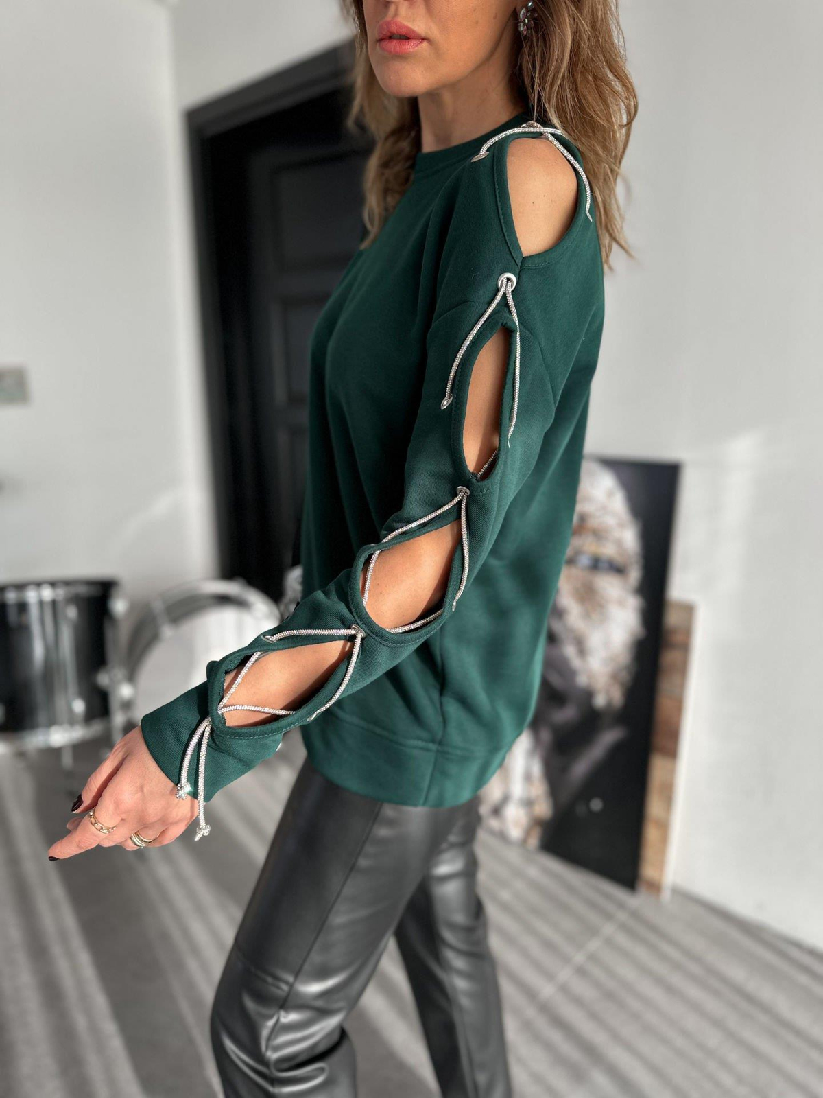 Yeşil Tek Kolu Taş İşlemeli Sweatshirt