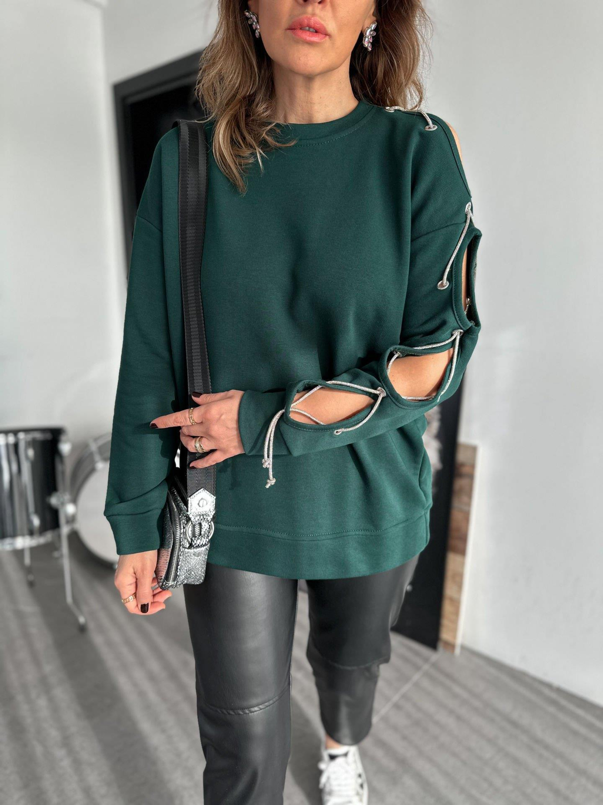 Yeşil Tek Kolu Taş İşlemeli Sweatshirt