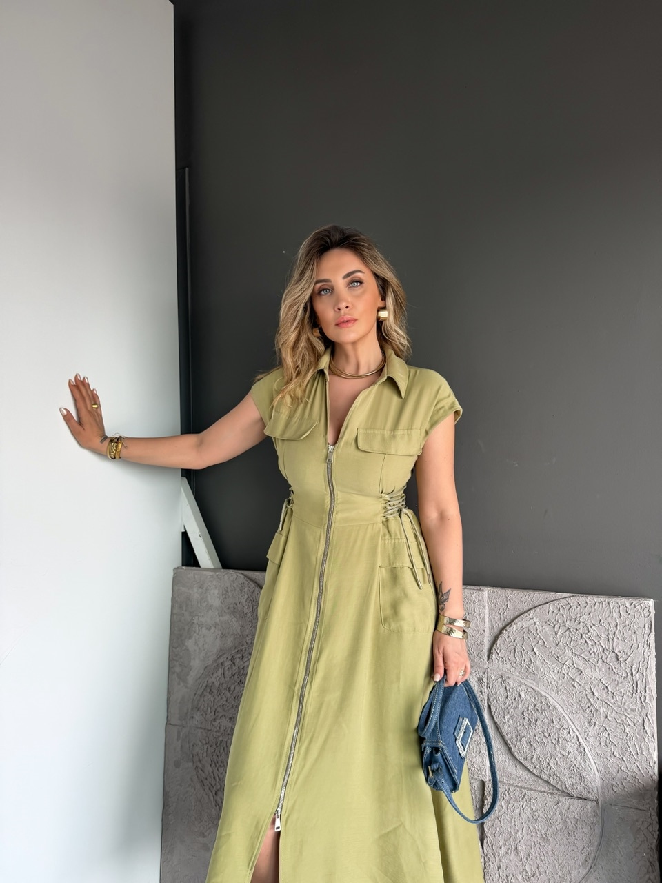 Yeşil Yanları İpli Fermuarlı Elbise