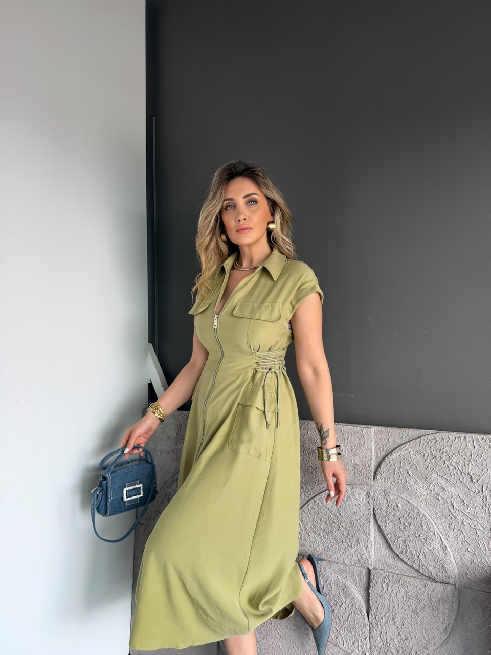 Yeşil Yanları İpli Fermuarlı Elbise