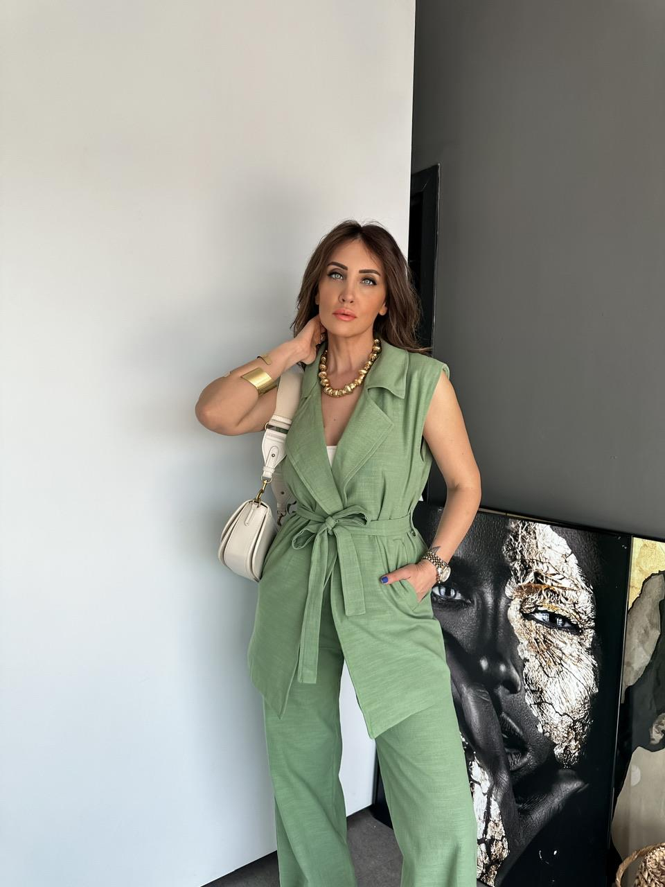 Yeşil Yelekli Keten Takım