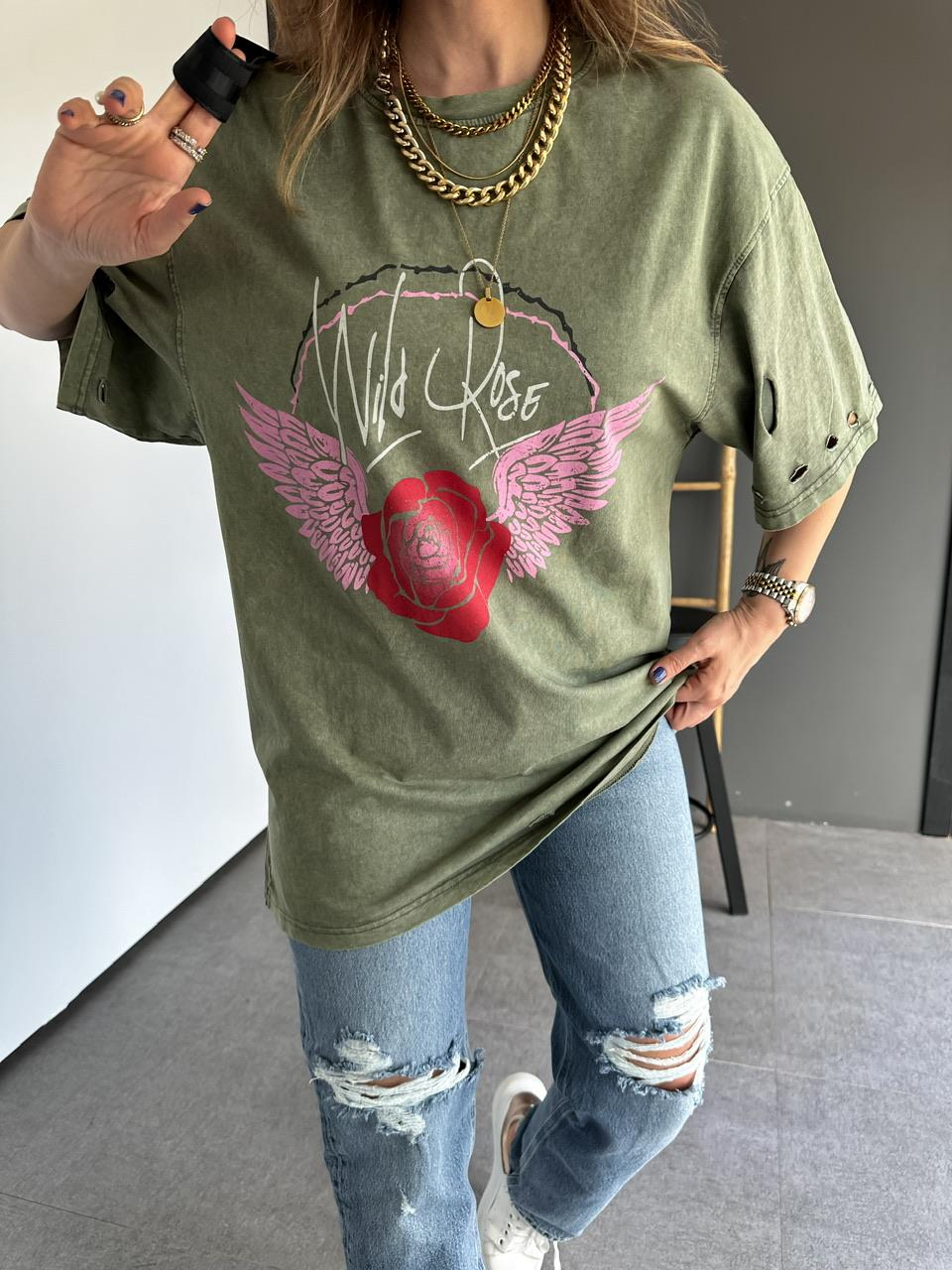 Yeşil Yıkamalı Rose Tshirt
