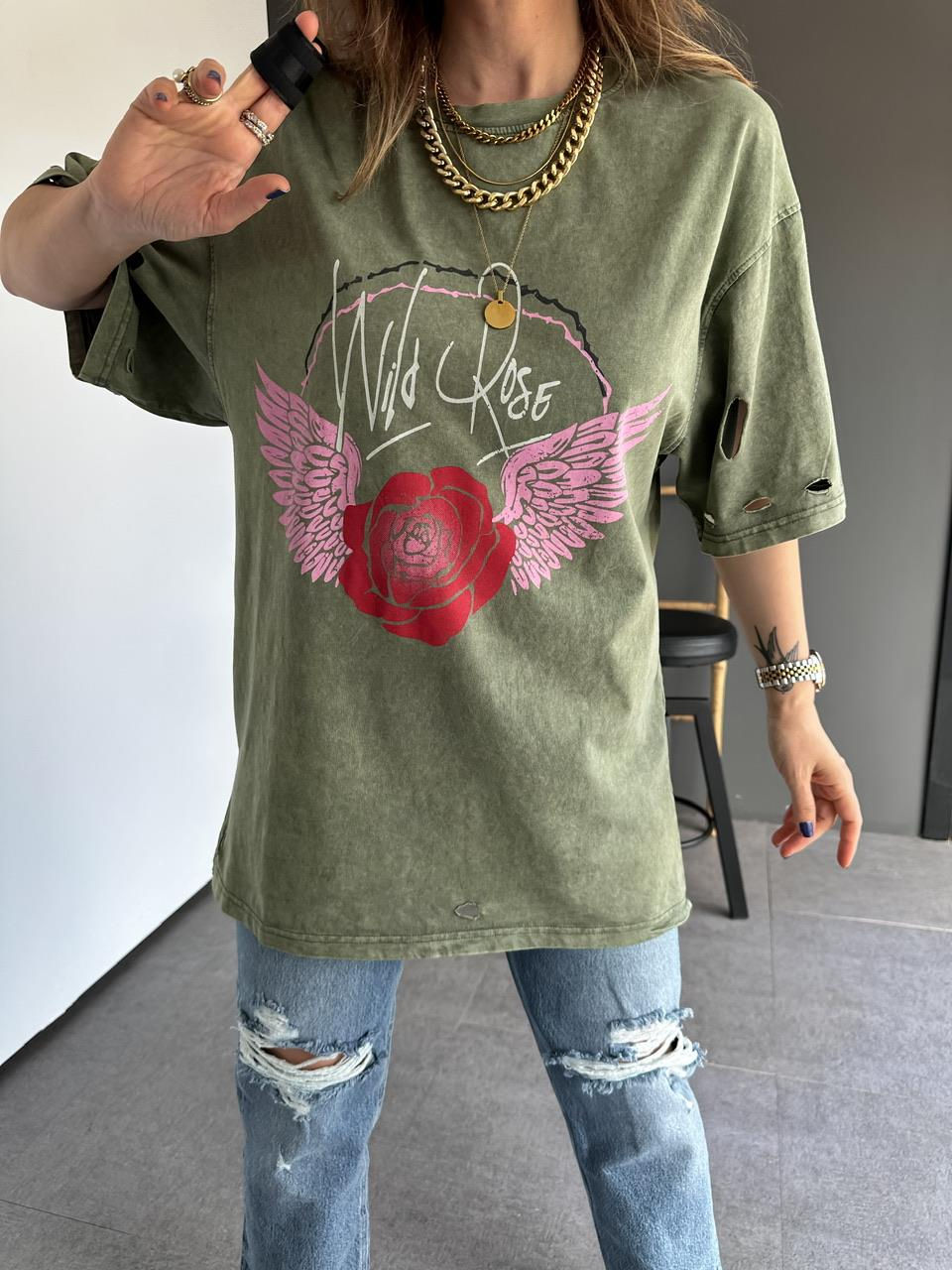 Yeşil Yıkamalı Rose Tshirt