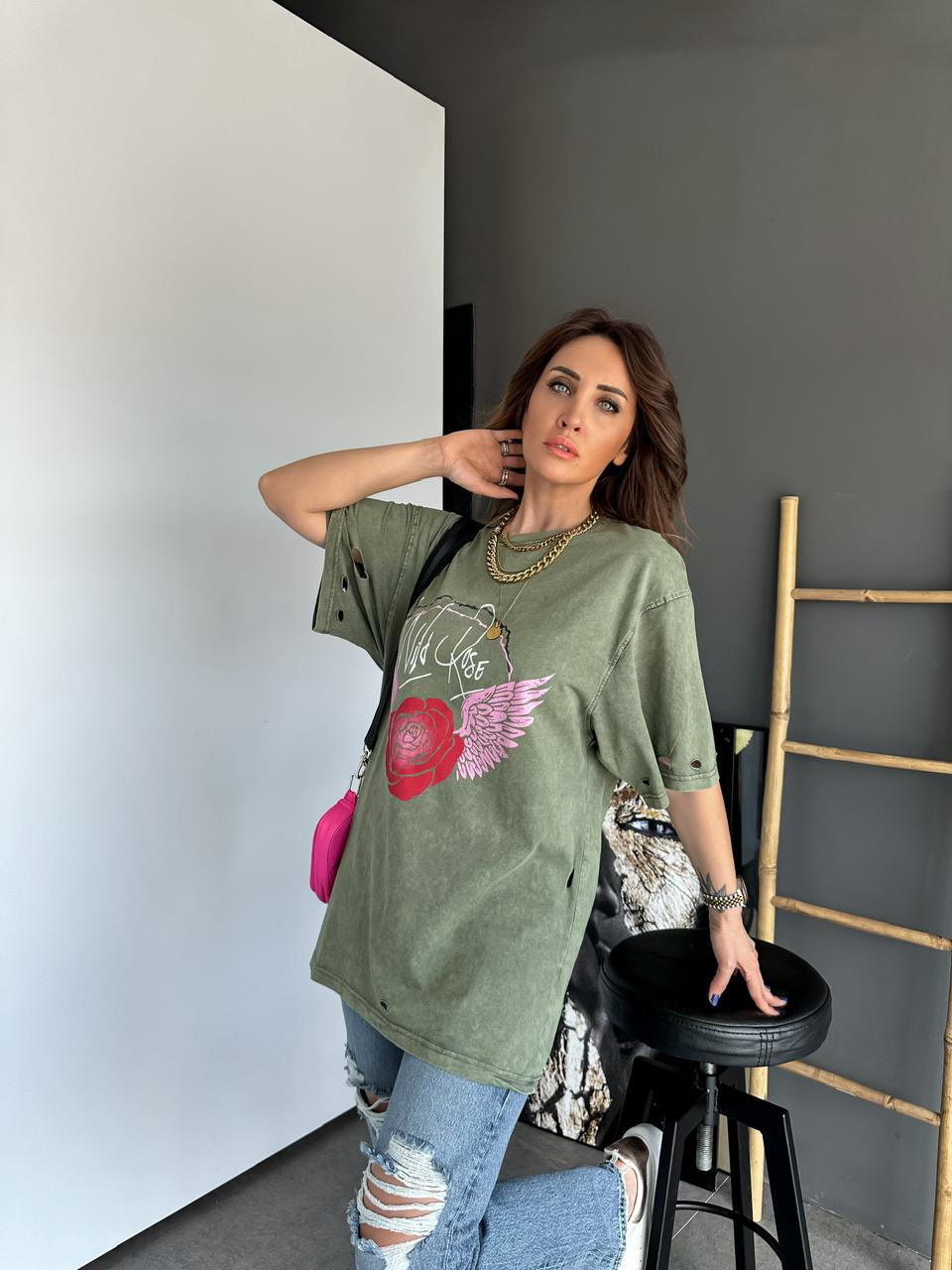 Yeşil Yıkamalı Rose Tshirt