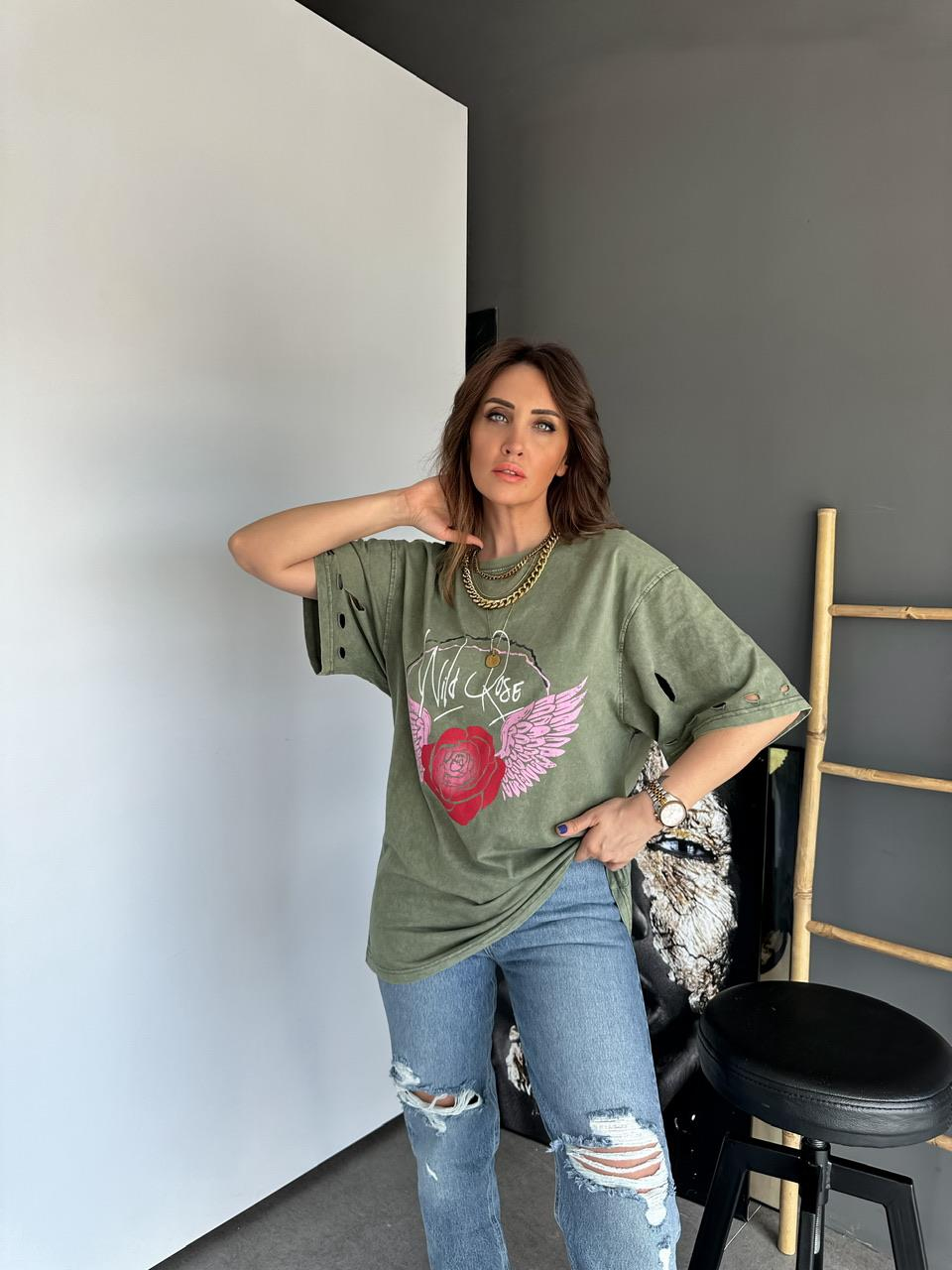 Yeşil Yıkamalı Rose Tshirt