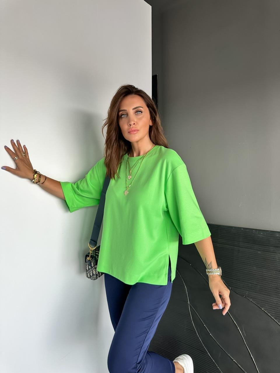Yeşil Yırtmaçlı Cotton Oversize Tshirt