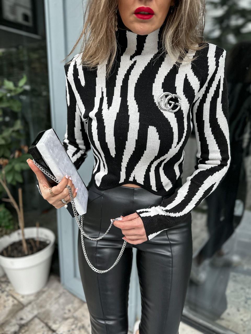Zebra Desenli Bel Detaylı Kazak