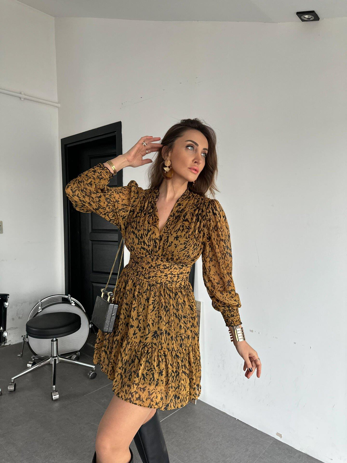 Zebra Desenli Beli Lastikli Şifon Elbise