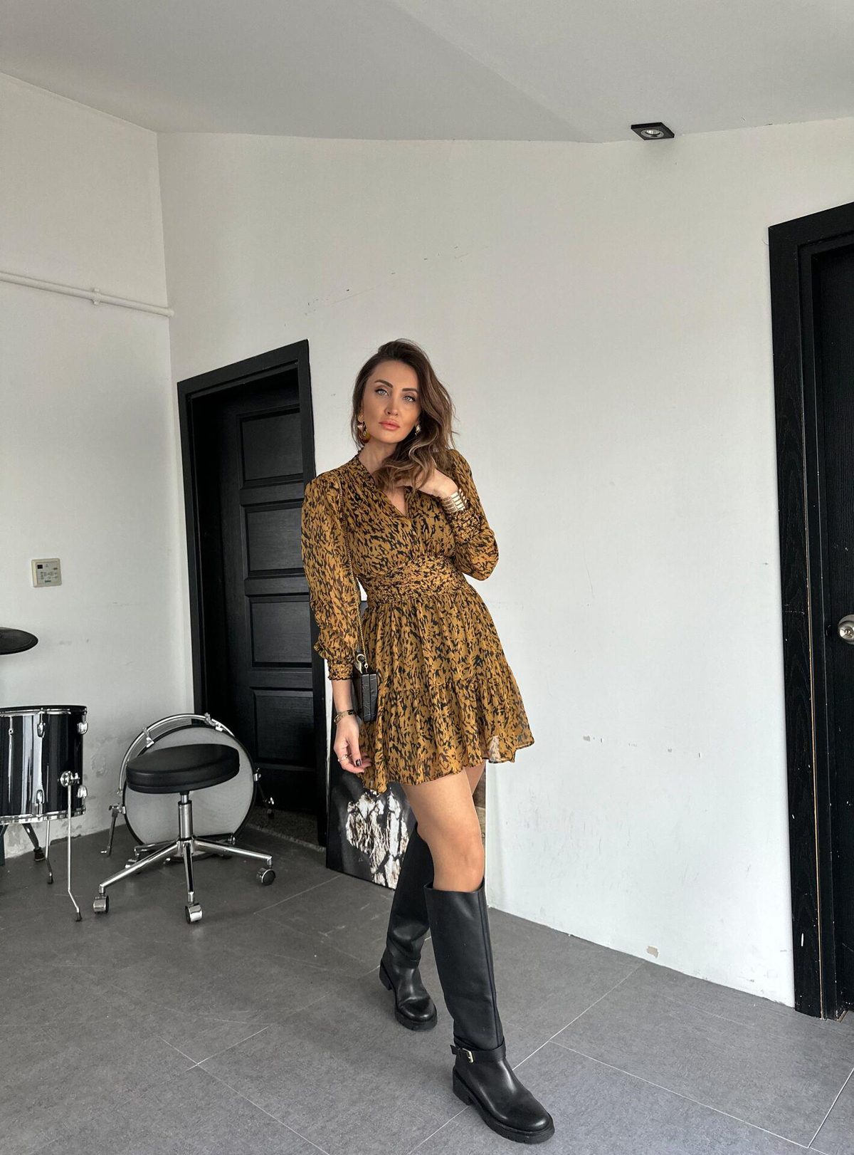 Zebra Desenli Beli Lastikli Şifon Elbise
