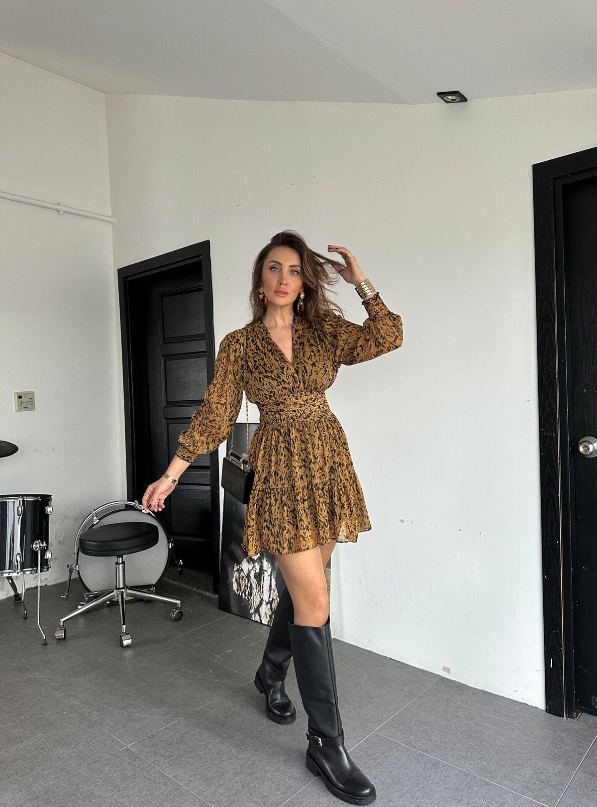 Zebra Desenli Beli Lastikli Şifon Elbise