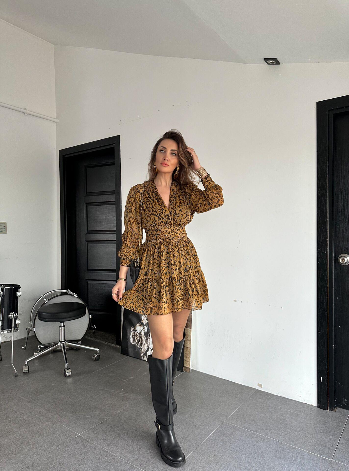 Zebra Desenli Beli Lastikli Şifon Elbise