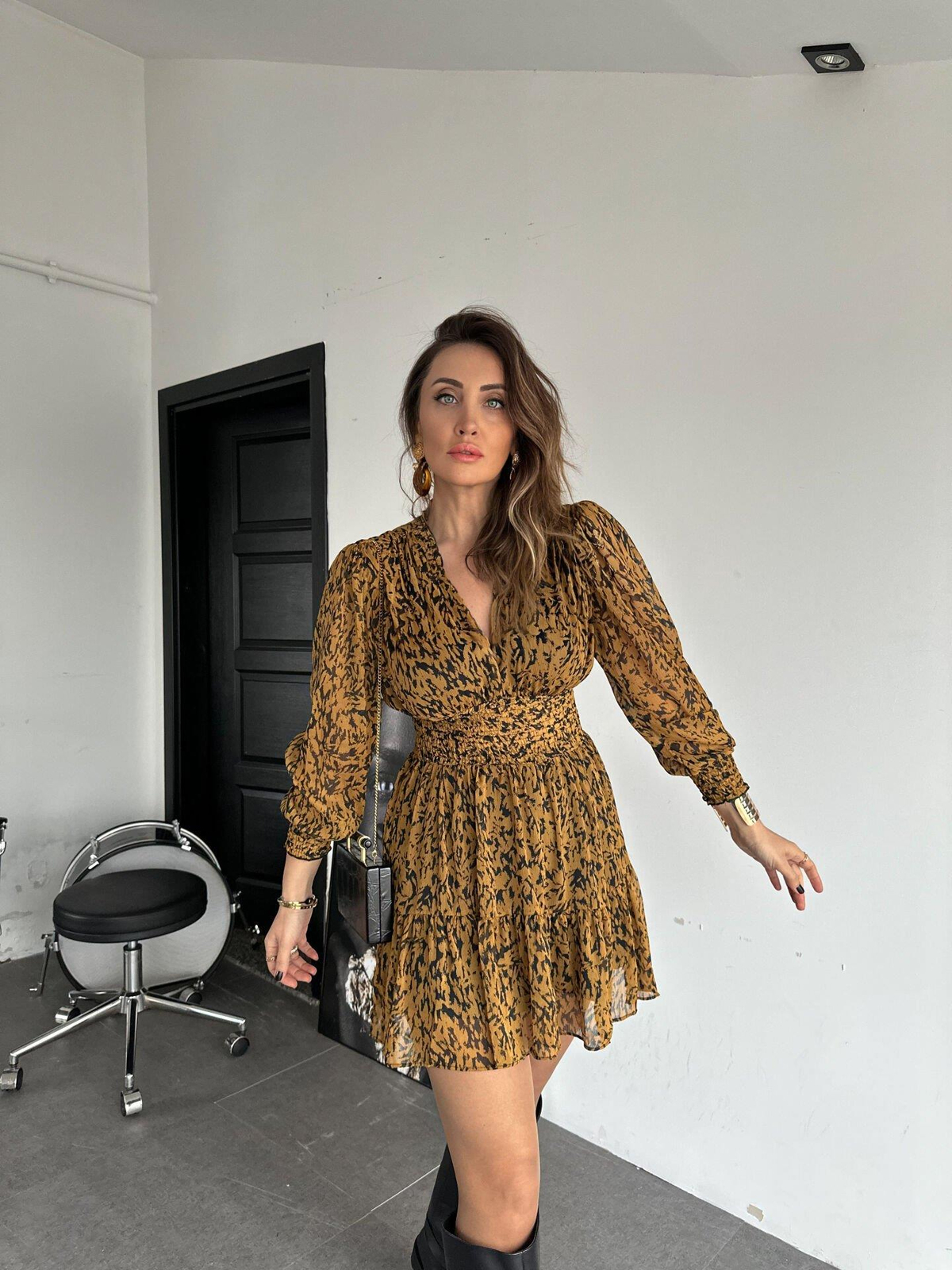 Zebra Desenli Beli Lastikli Şifon Elbise
