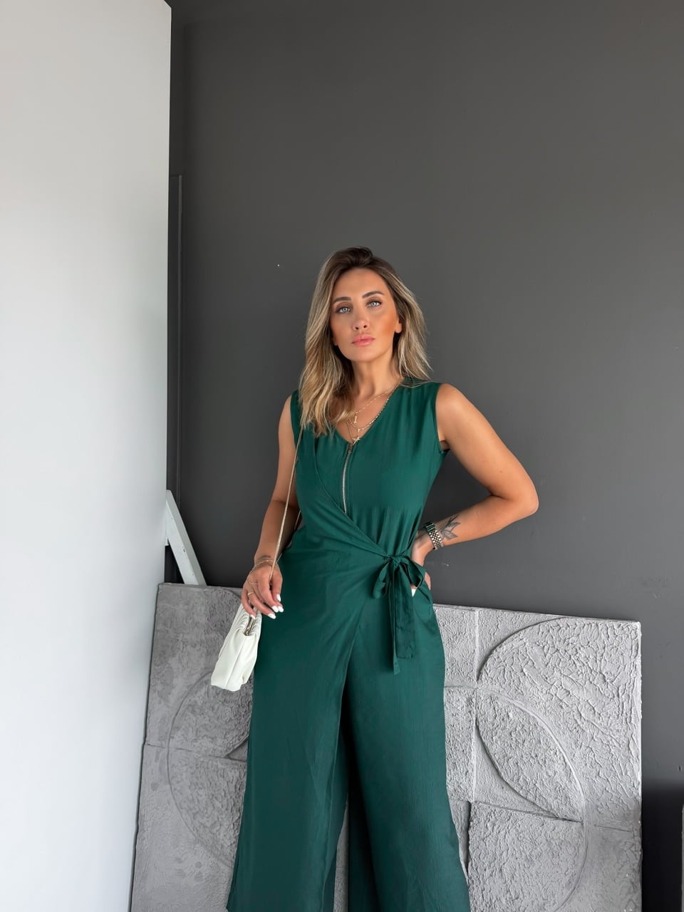 Zümrüt Yeşili Fermuarlı Bağlamalı Tulum