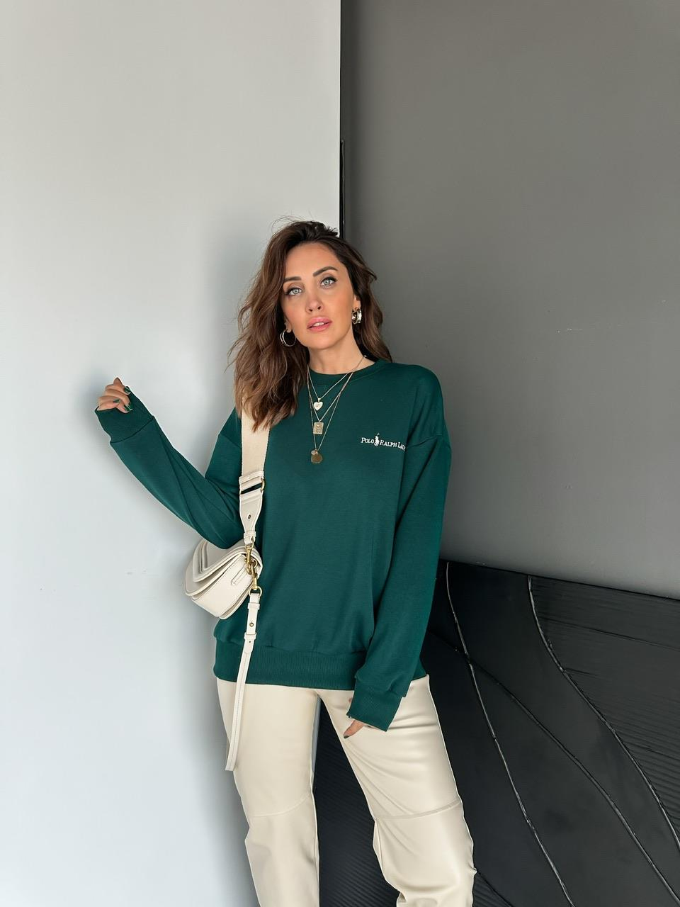 Zümrüt Yeşili Polo Basic Sweatshirt