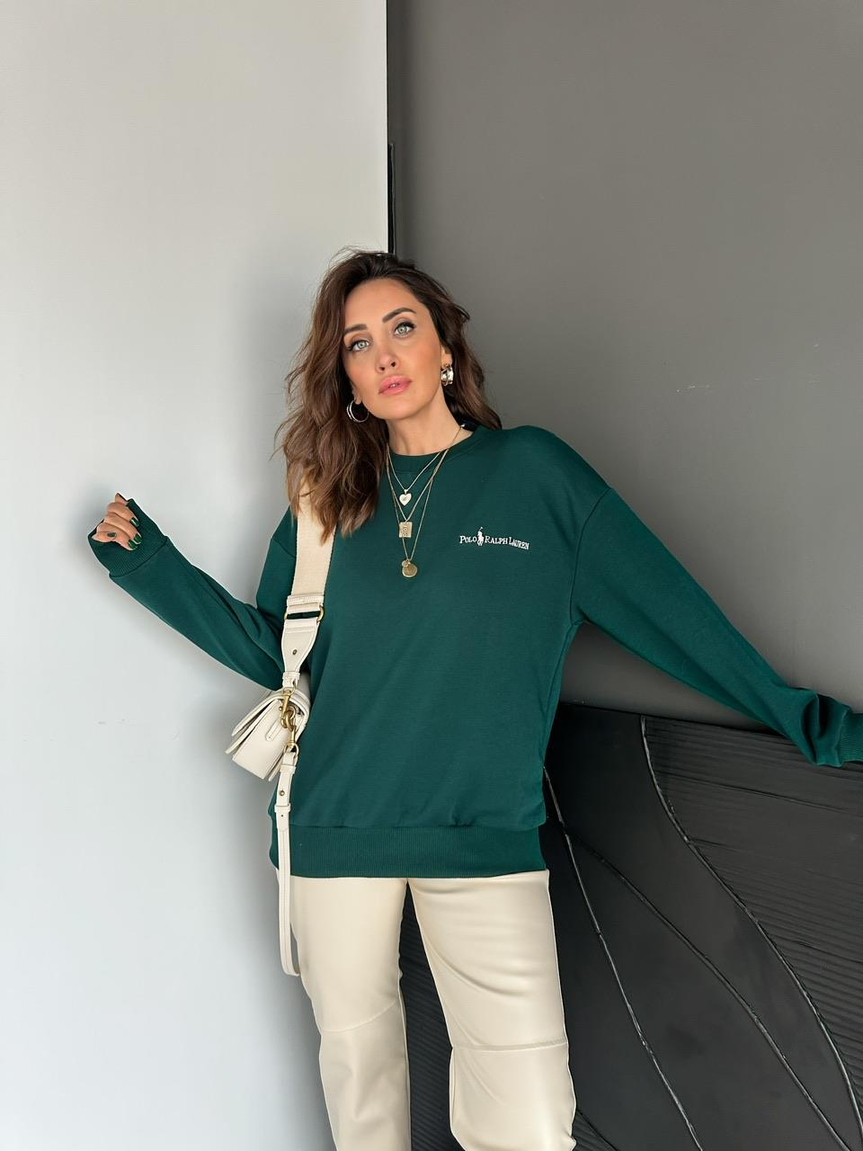 Zümrüt Yeşili Polo Basic Sweatshirt