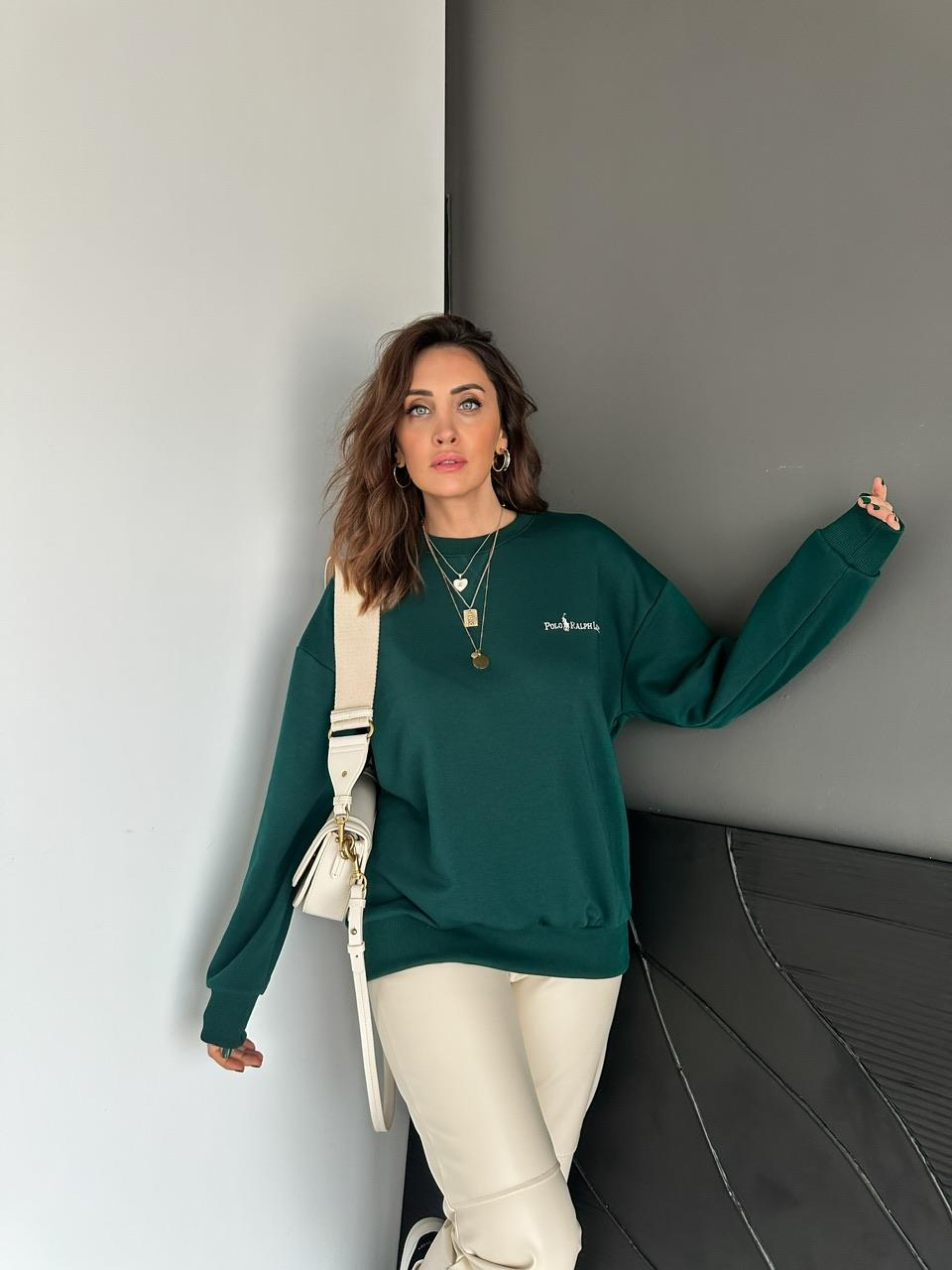 Zümrüt Yeşili Polo Basic Sweatshirt