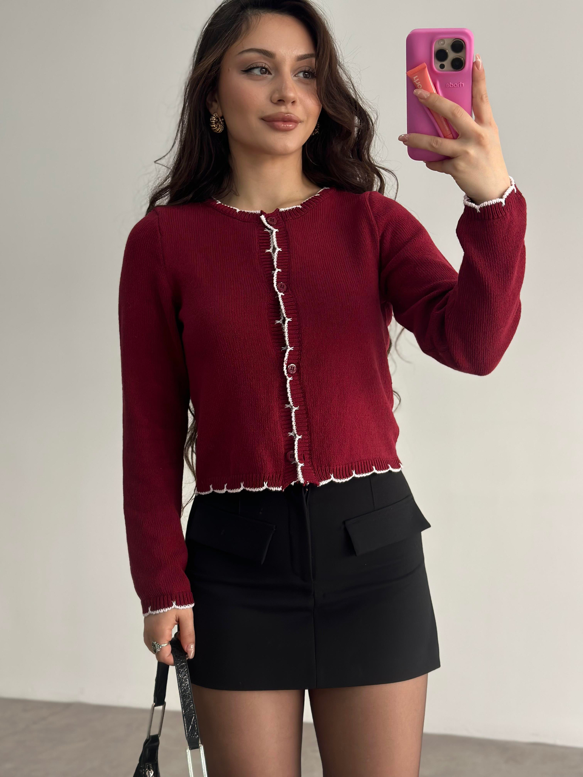 Orj. Bordo Dantel Modelli Hırka 