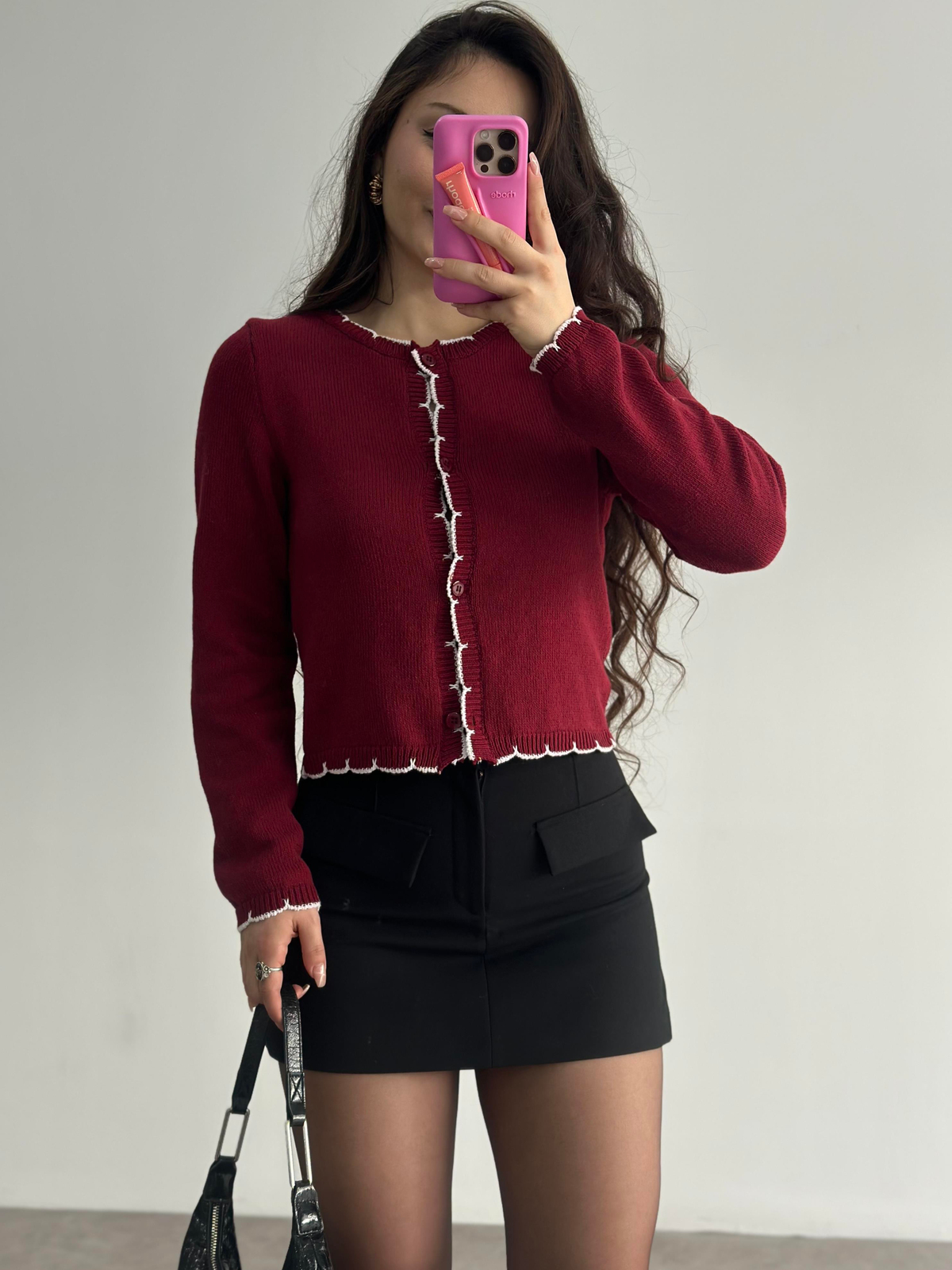 Orj. Bordo Dantel Modelli Hırka 