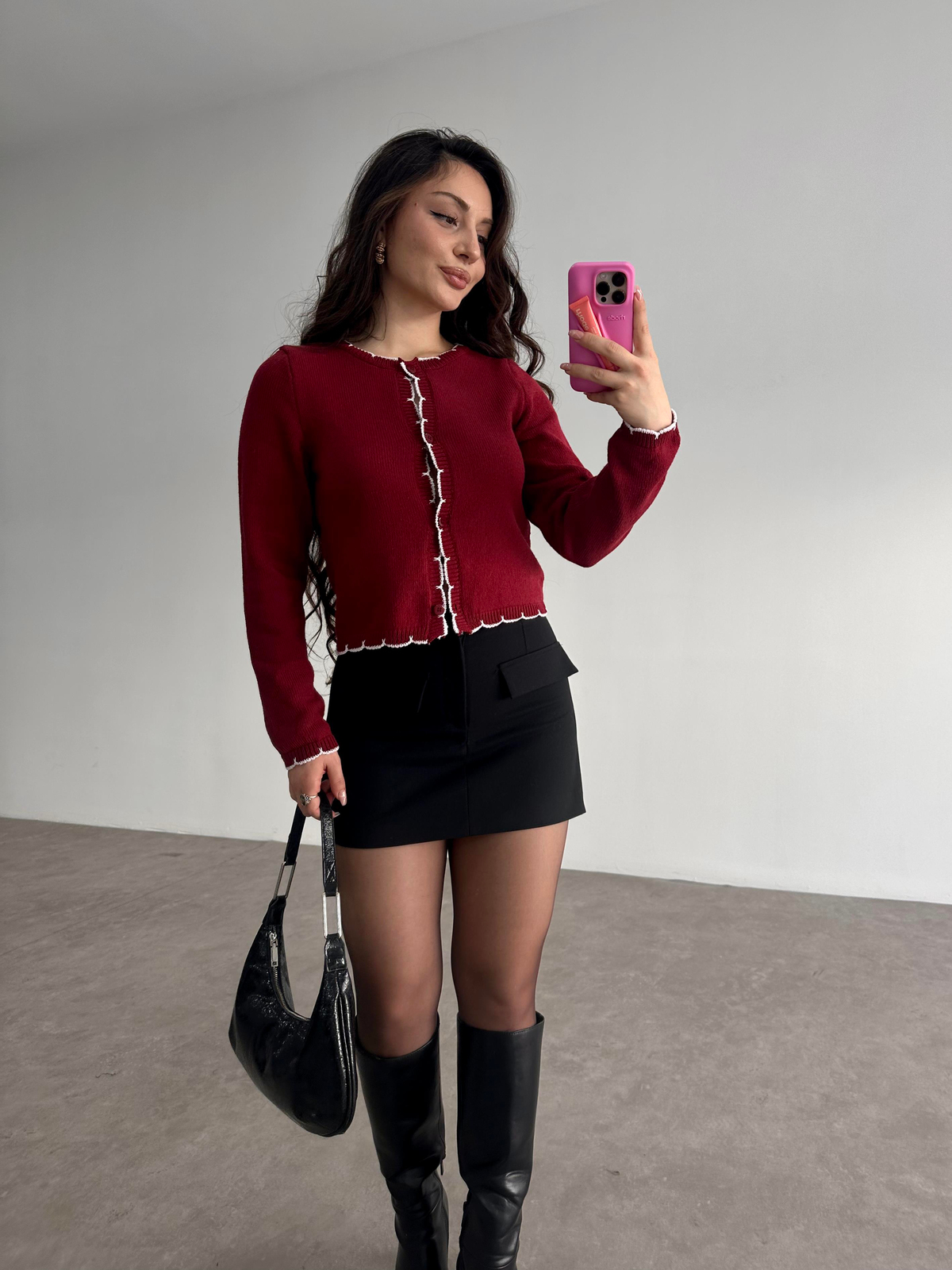 Orj. Bordo Dantel Modelli Hırka 