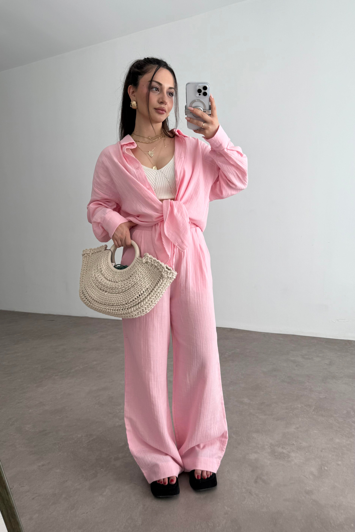 Bymn Clup Müslin Kumaş Gömlek Takım Pink