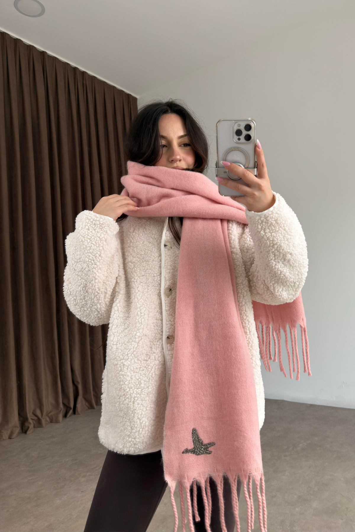 Bymn Taşlı Logolu Pembe Atkı