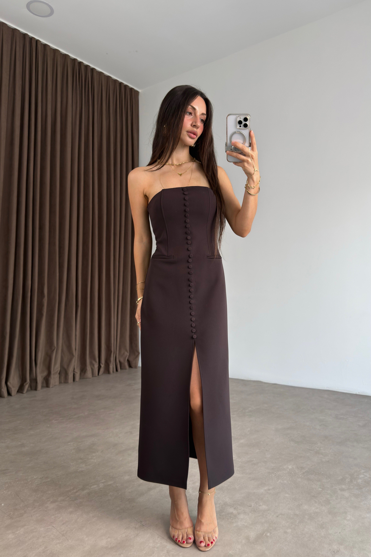 Elora Düğme Detaylı Straplez Kahve Midi Elbise