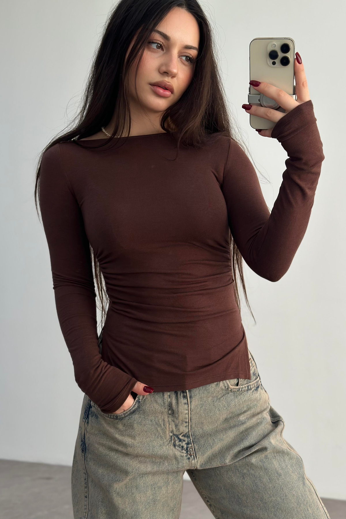 Kaşmir Pamuk Yırtmaçlı Drapeli Basic Kahverengi 