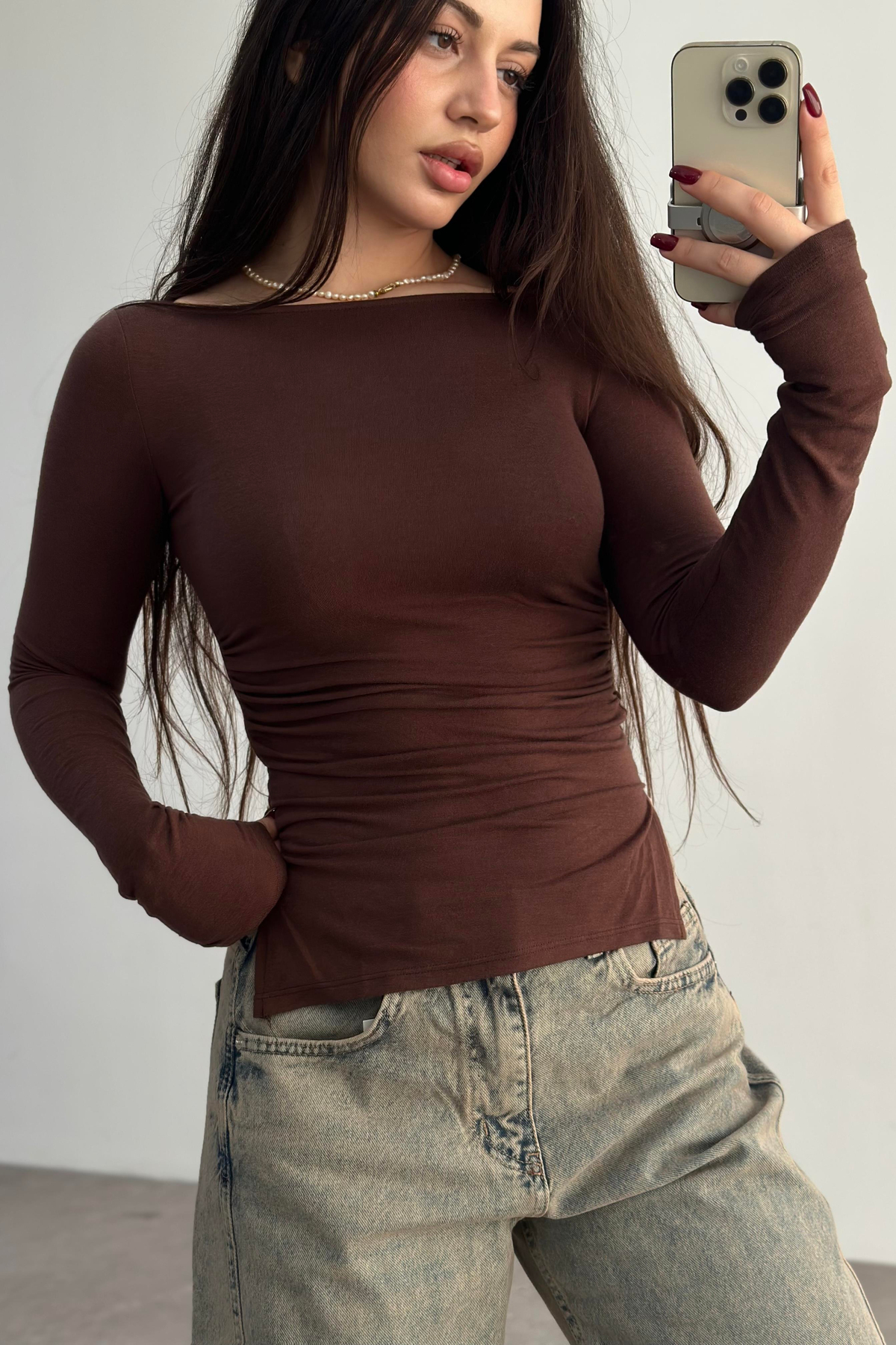 Kaşmir Pamuk Yırtmaçlı Drapeli Basic Kahverengi 