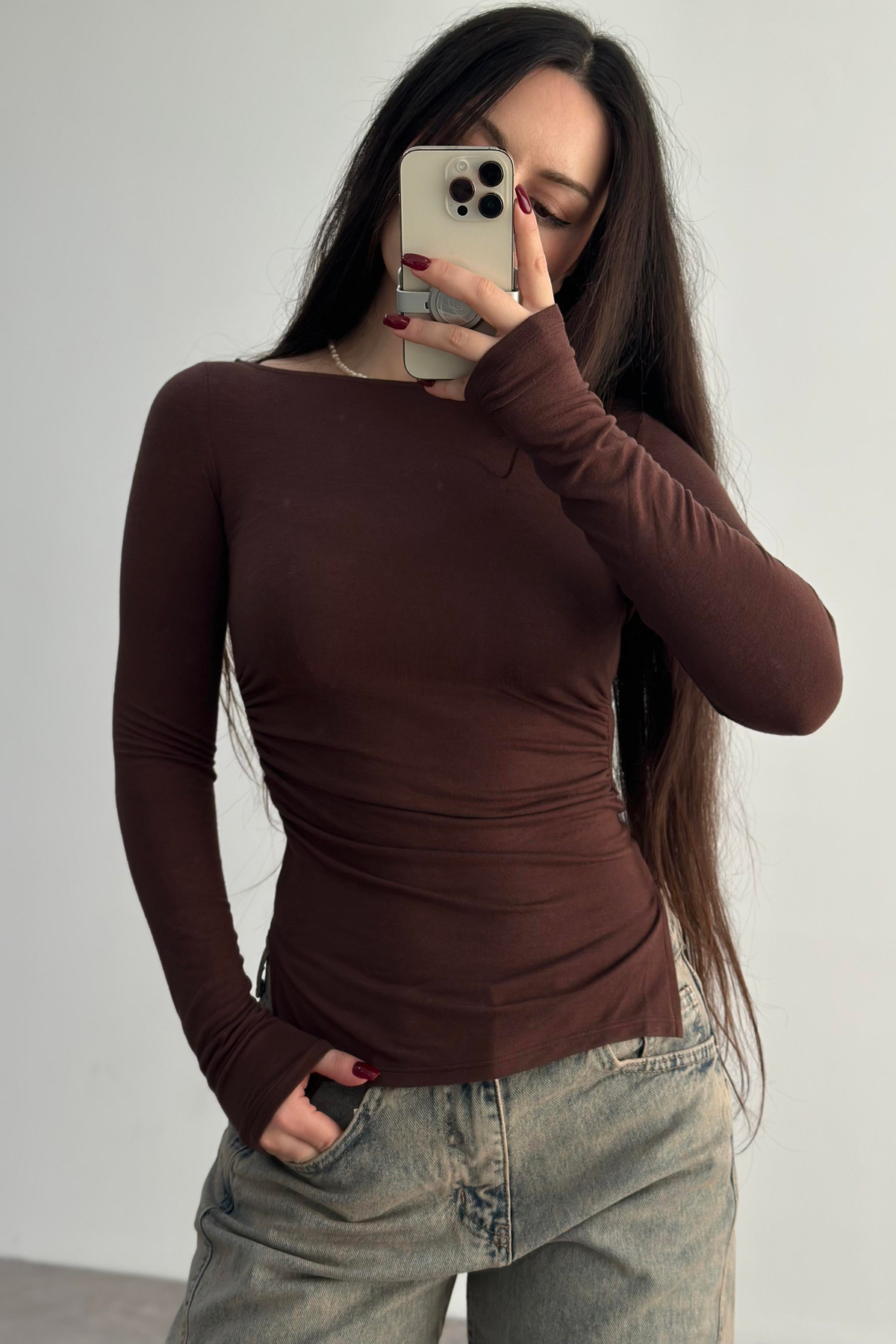 Kaşmir Pamuk Yırtmaçlı Drapeli Basic Kahverengi 