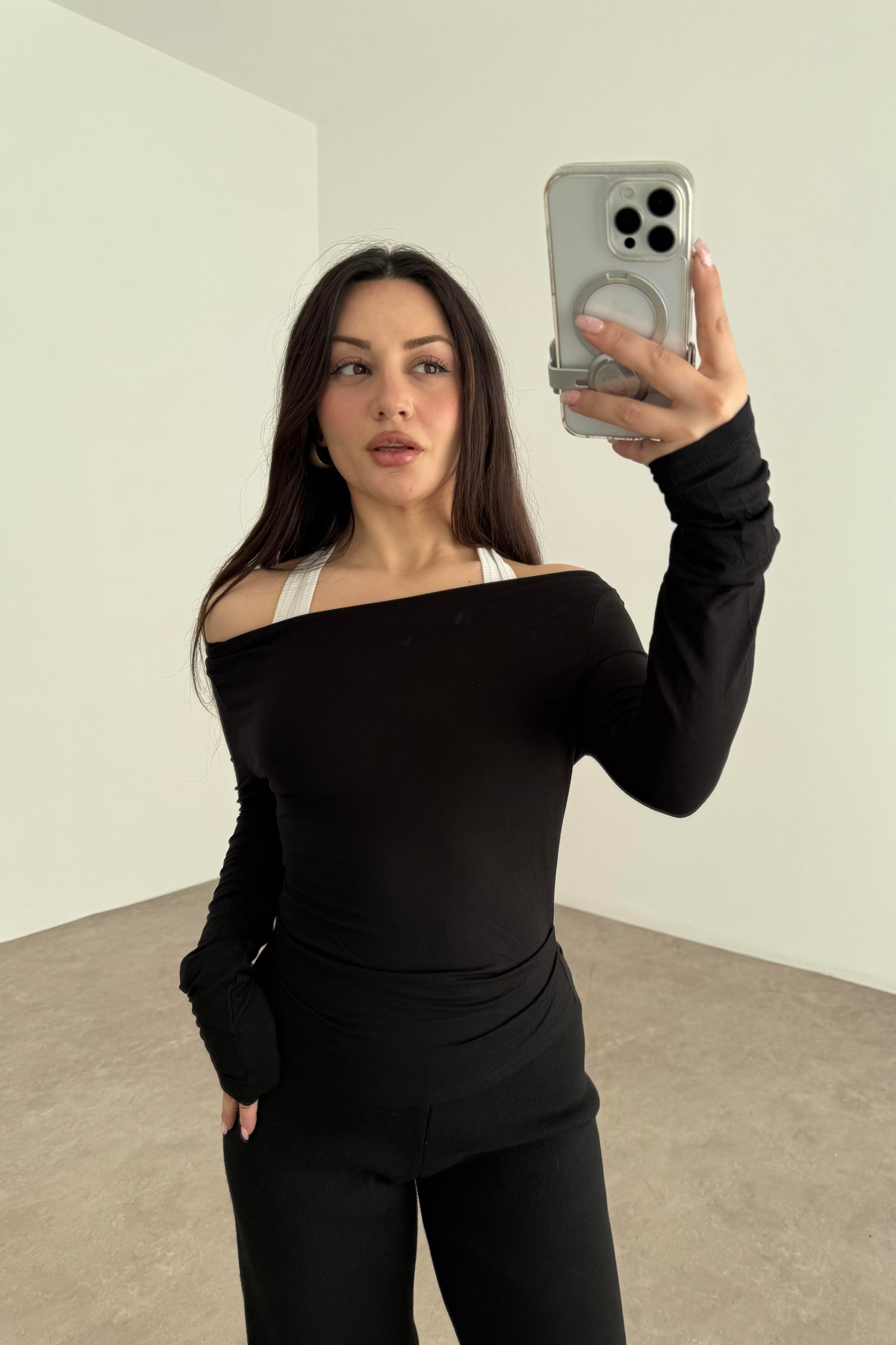 Kayık Yakalı Drapeli Opak Basic Siyah Body